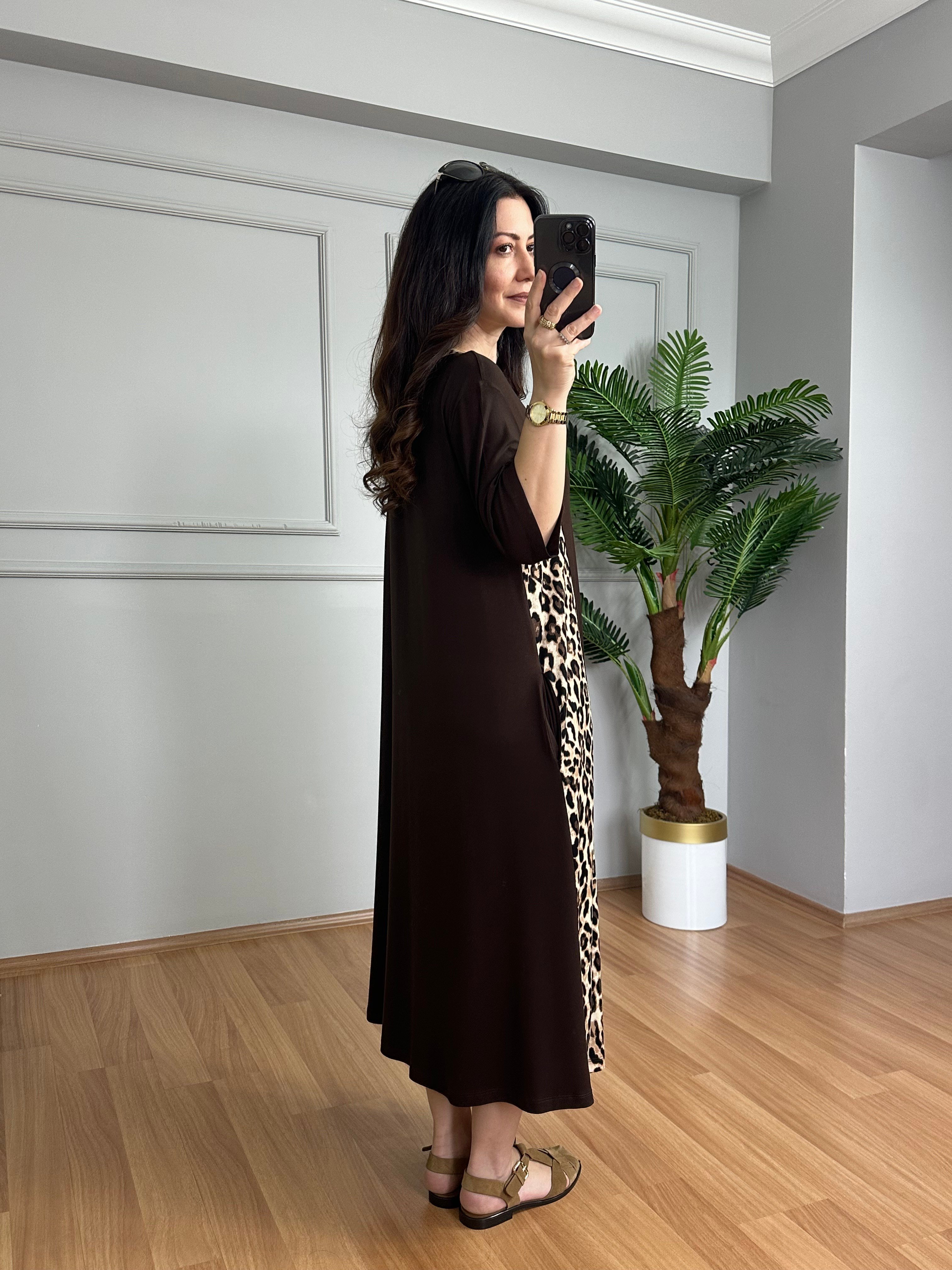 Luisa Kahve Leopar detaylı Penye Modal Elbise