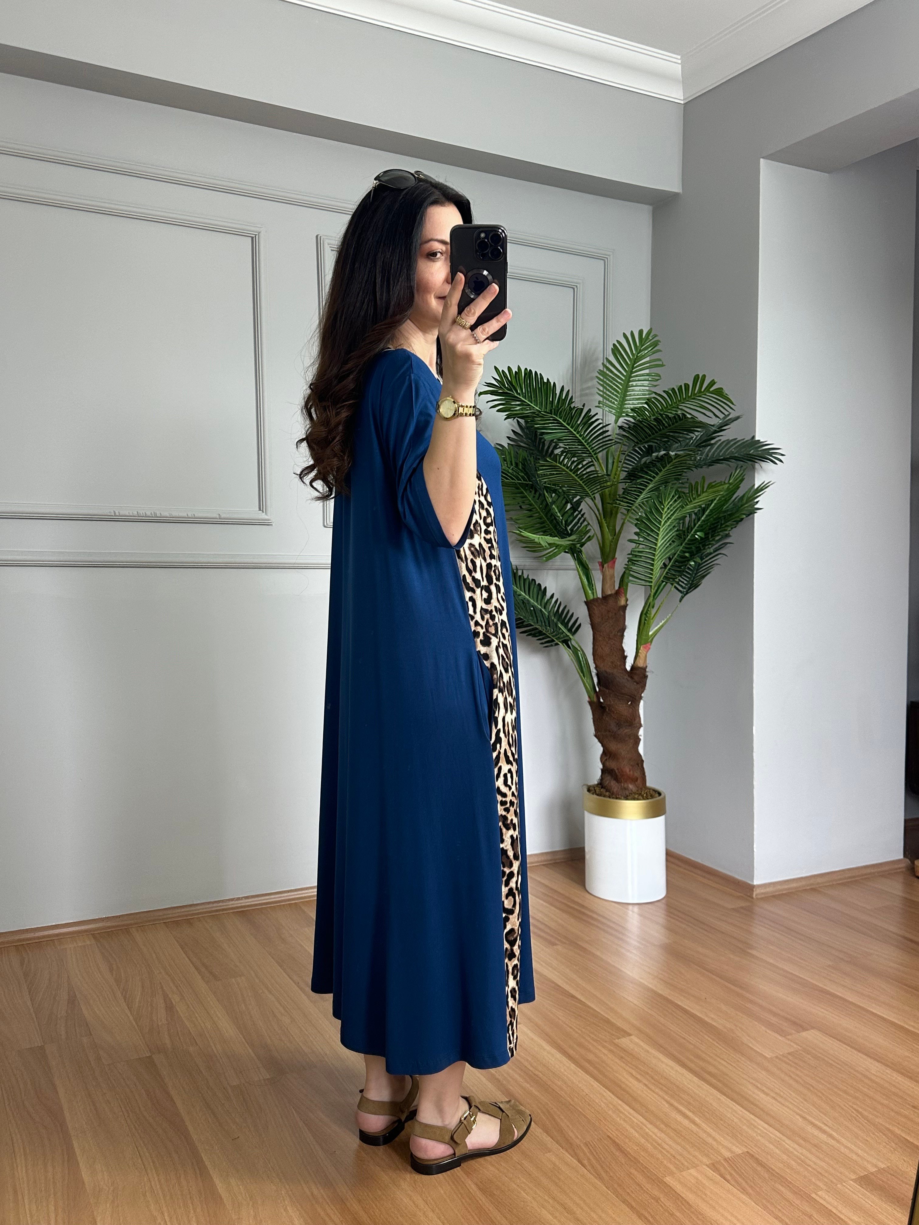 Luisa Lacivert Leopar detaylı Penye Modal Elbise 