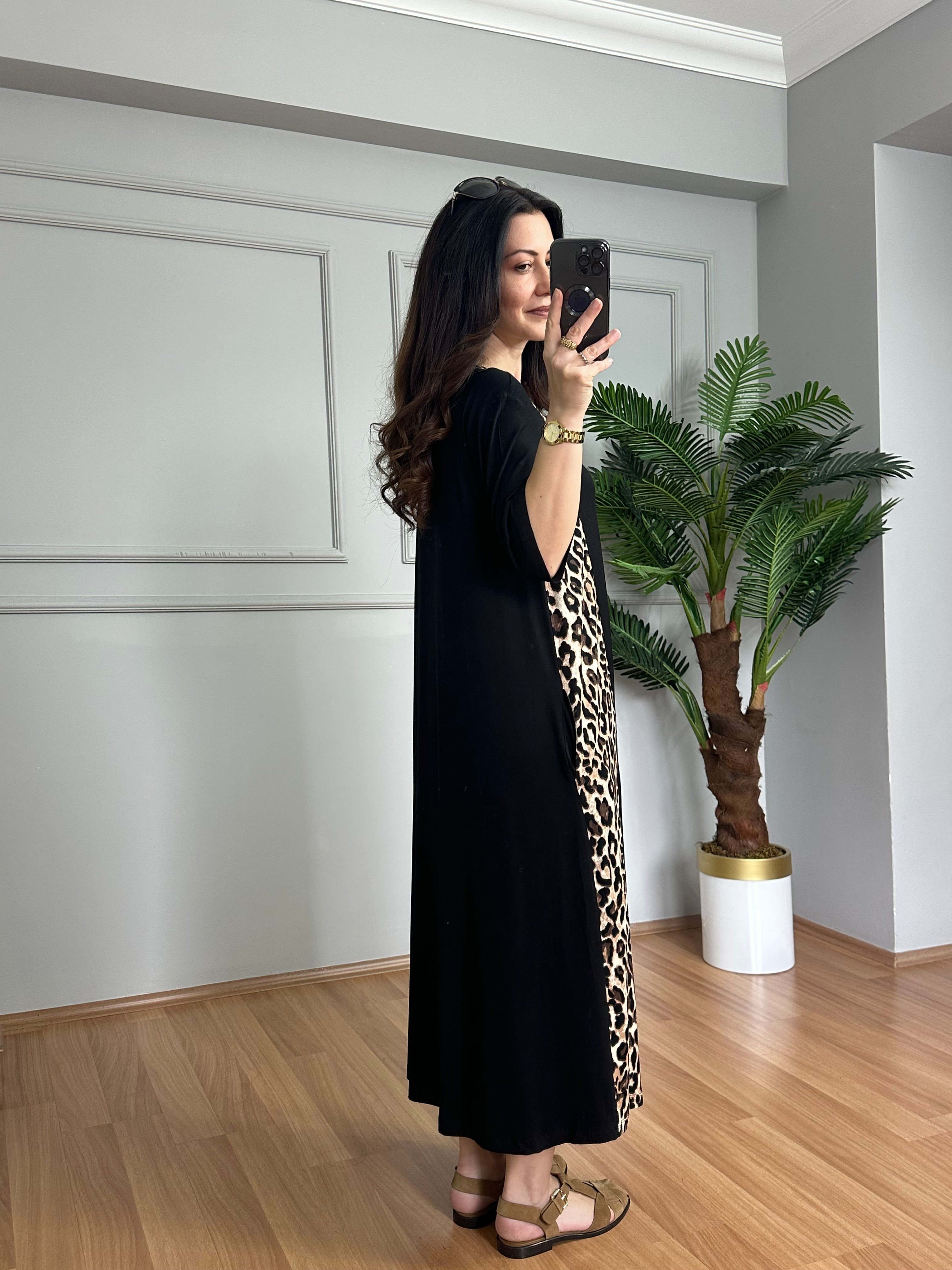 Luisa Siyah Leopar detaylı Penye Modal Elbise 