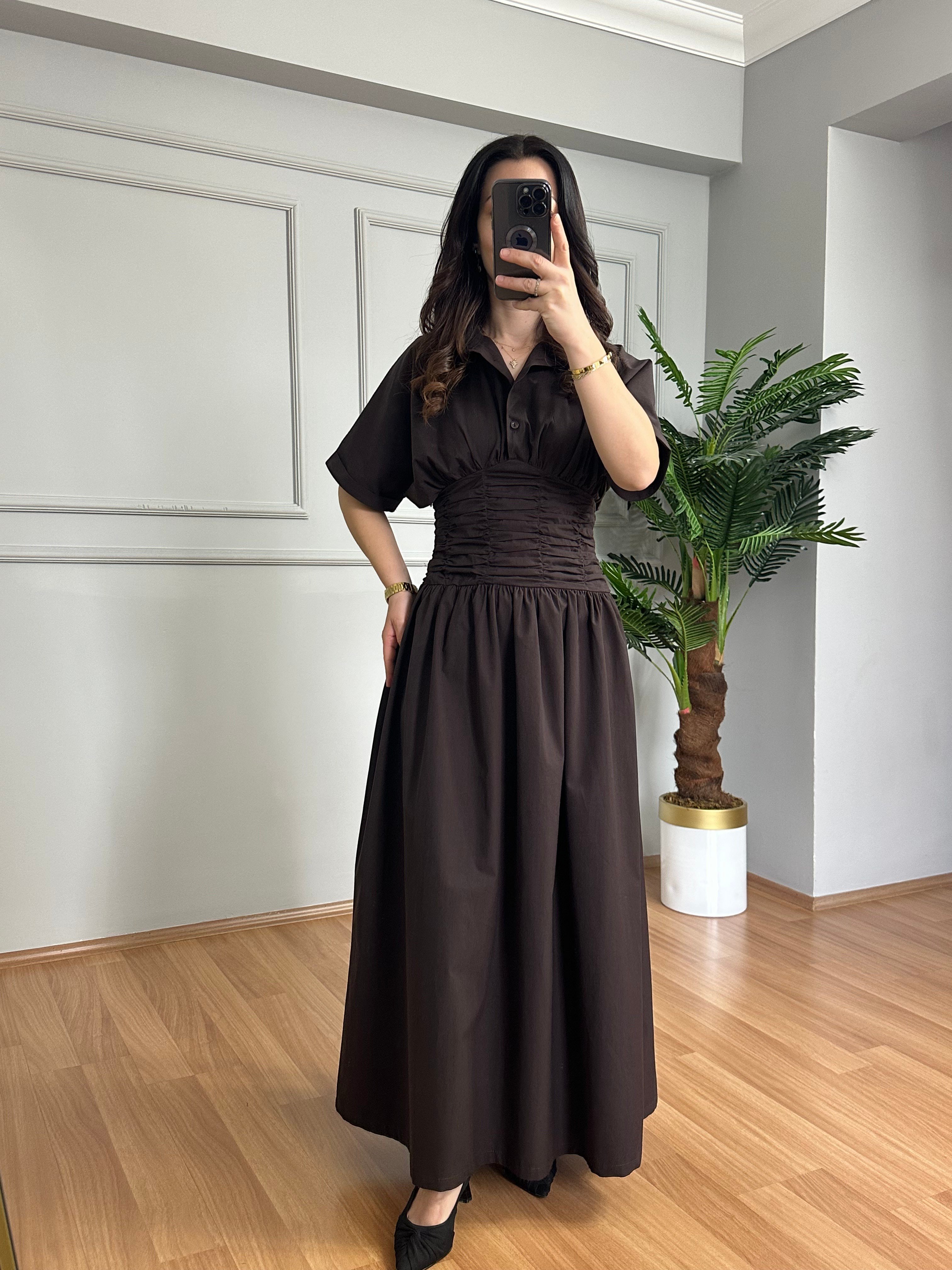 Luna Acı Kahve Bel Detaylı Premium Kalite Maxi Elbise 