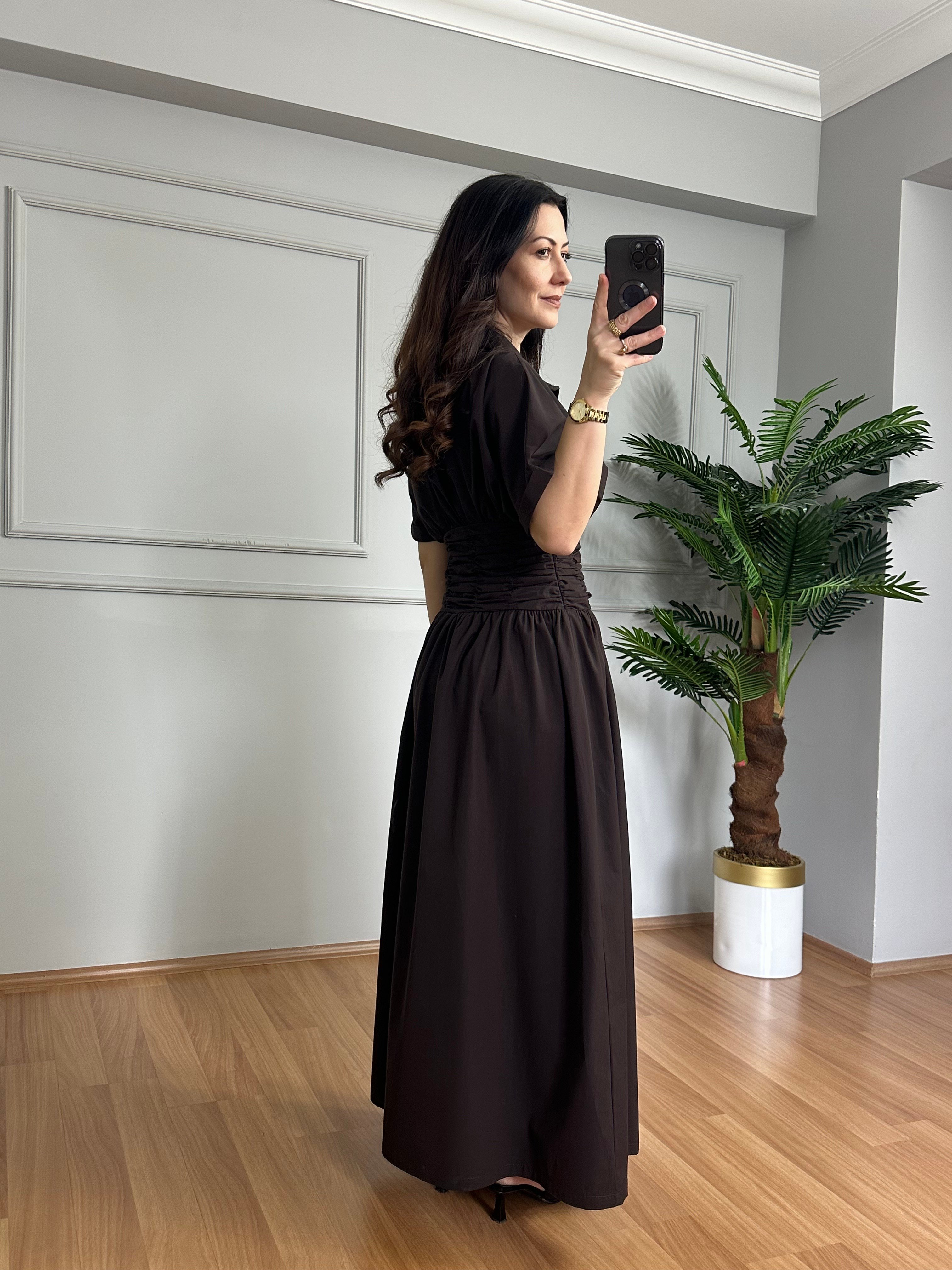 Luna Acı Kahve Bel Detaylı Premium Kalite Maxi Elbise 