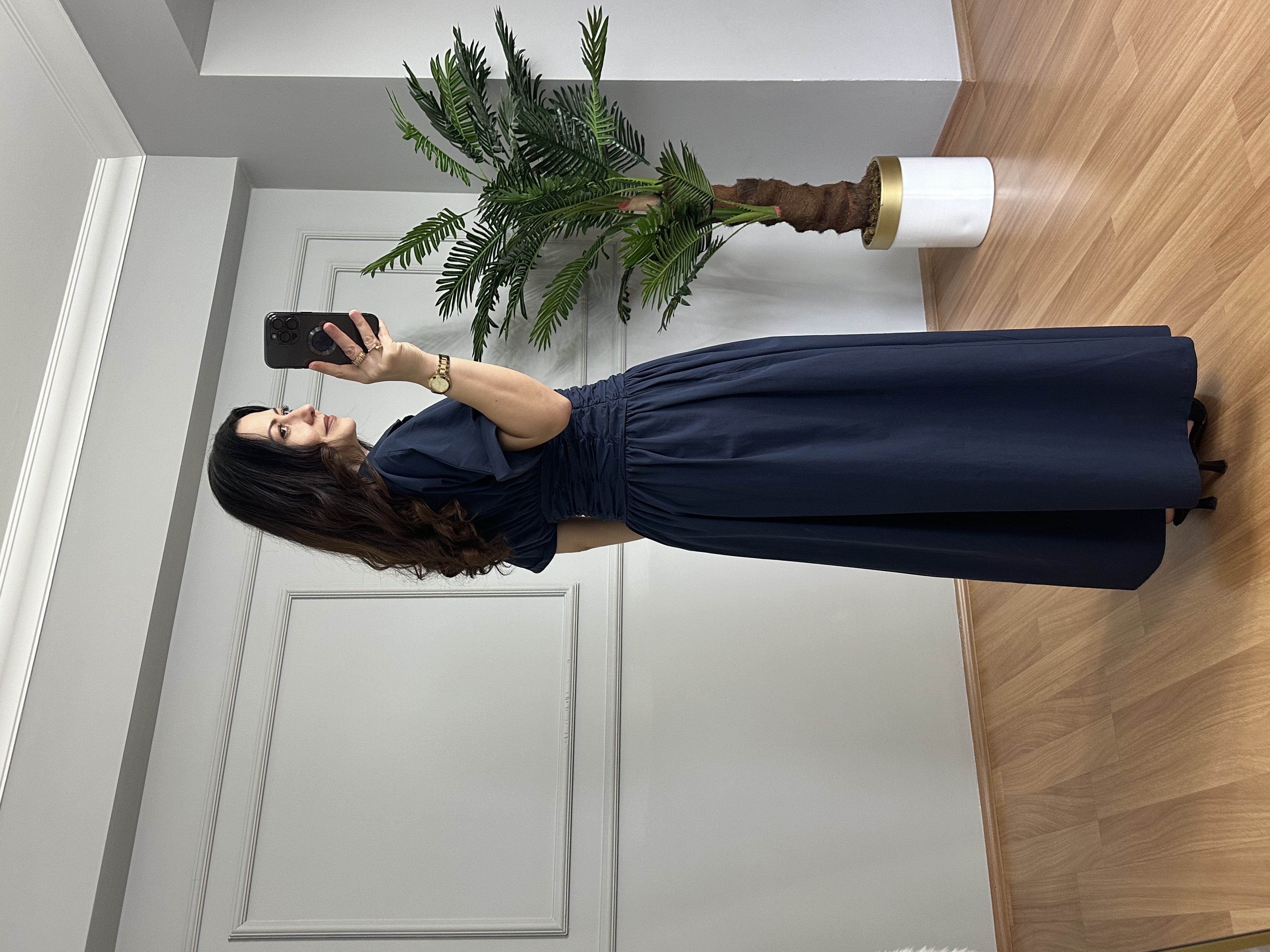 Luna Lacivert Bel Detaylı Premium Kalite Maxi Elbise