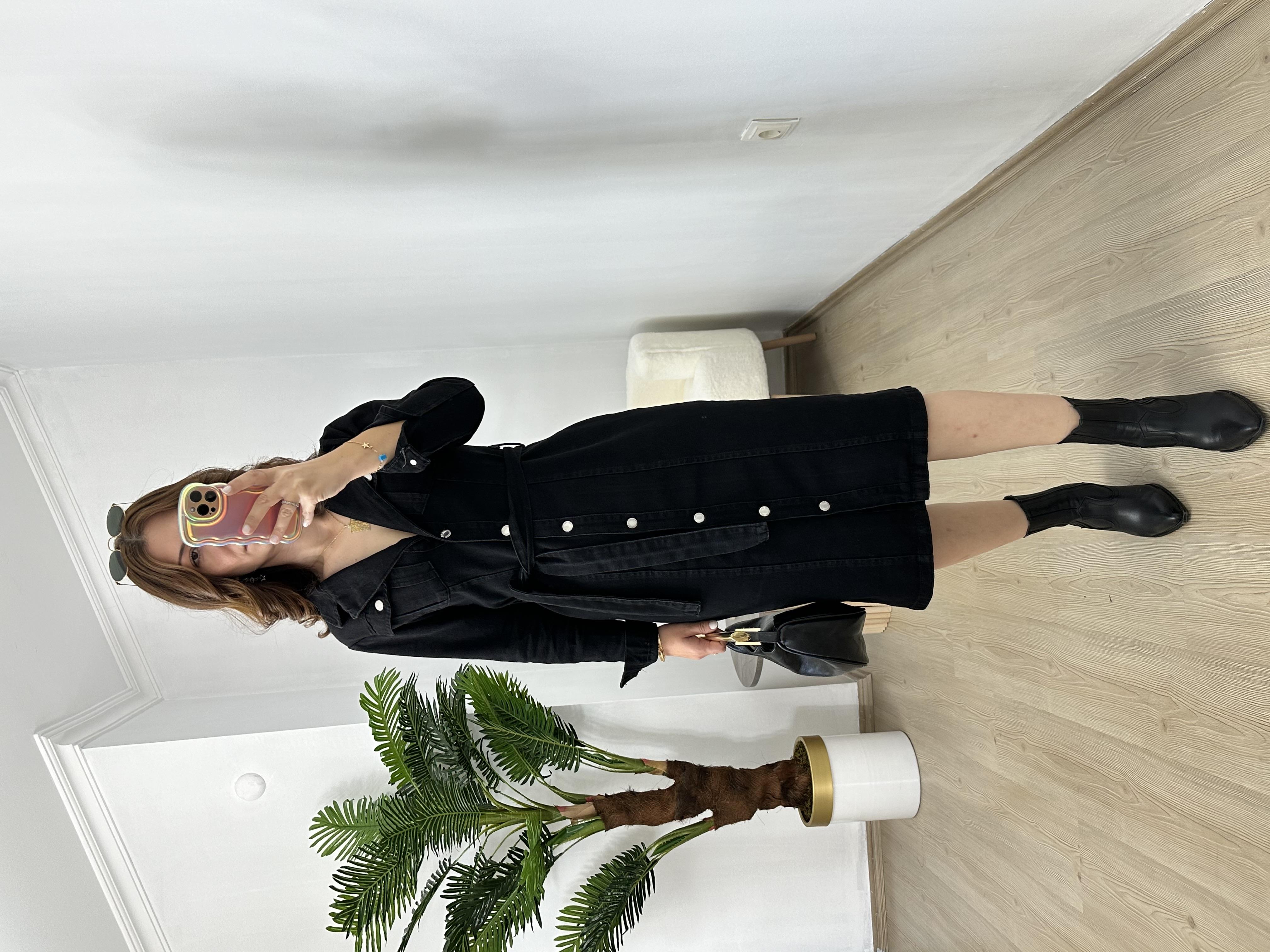Maria Siyah Jean Kuşaklı Elbise