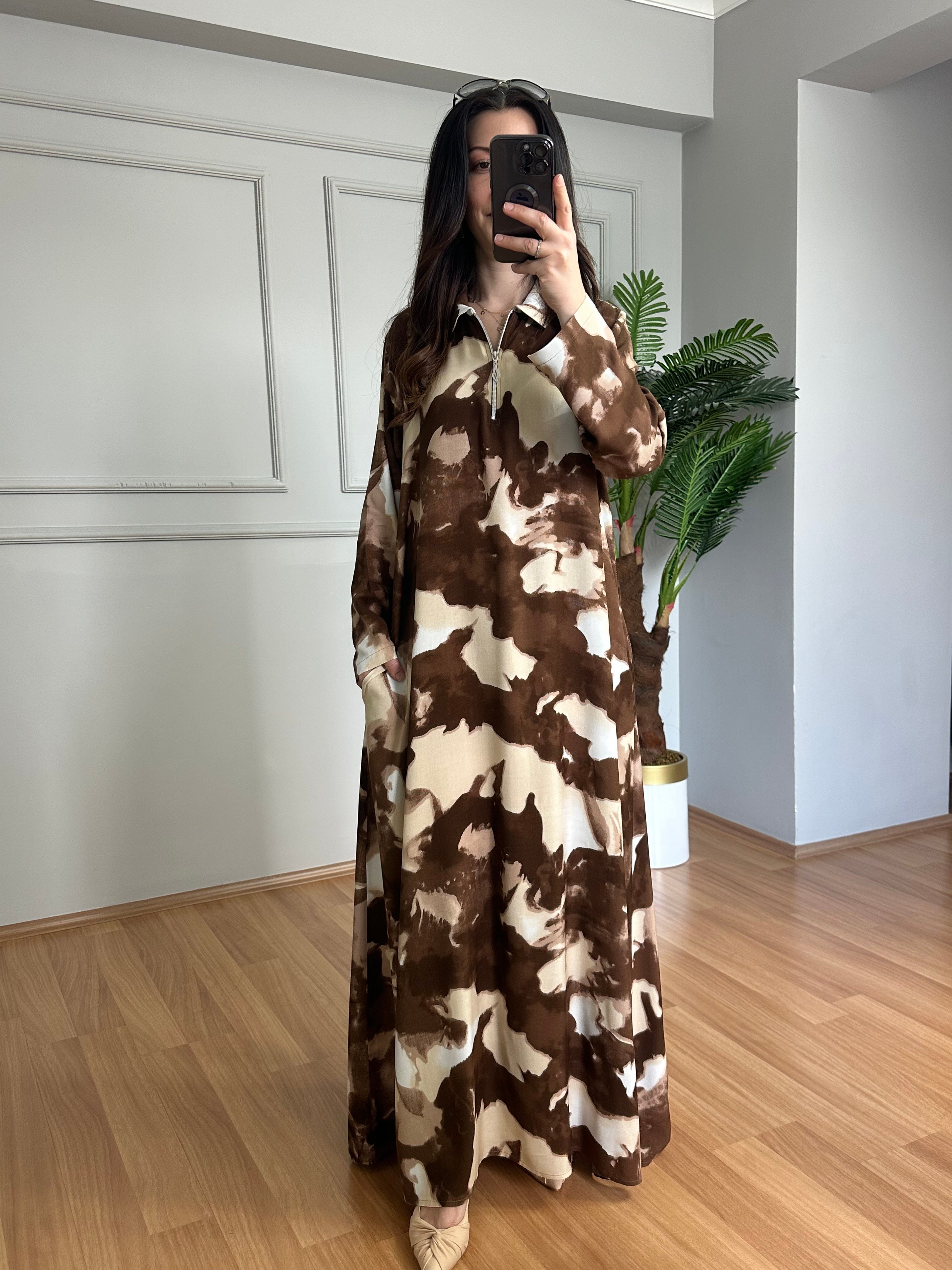 Meloni Kahve Dokuma Viskon Maksi Boy Elbise