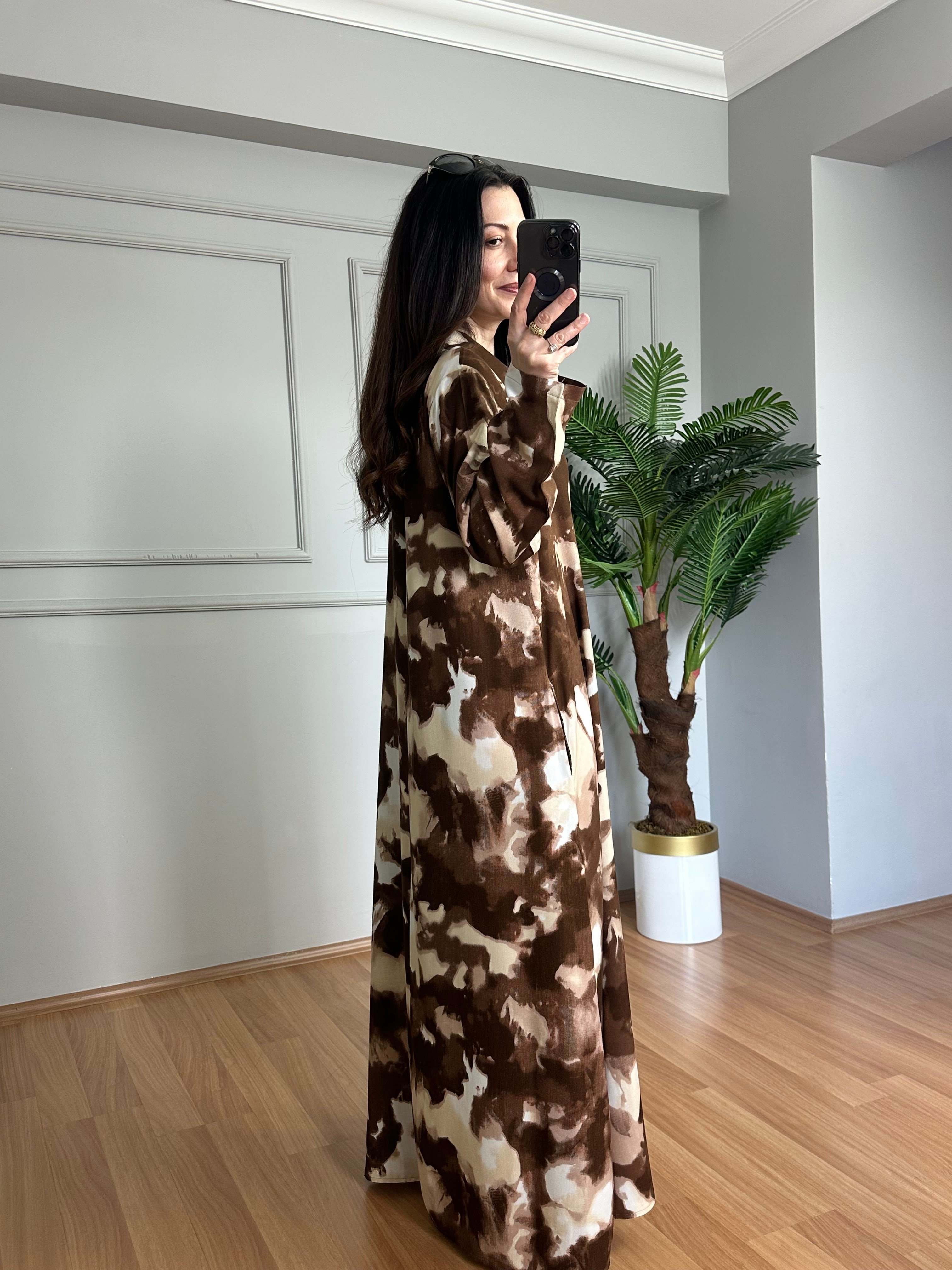 Meloni Kahve Dokuma Viskon Maksi Boy Elbise