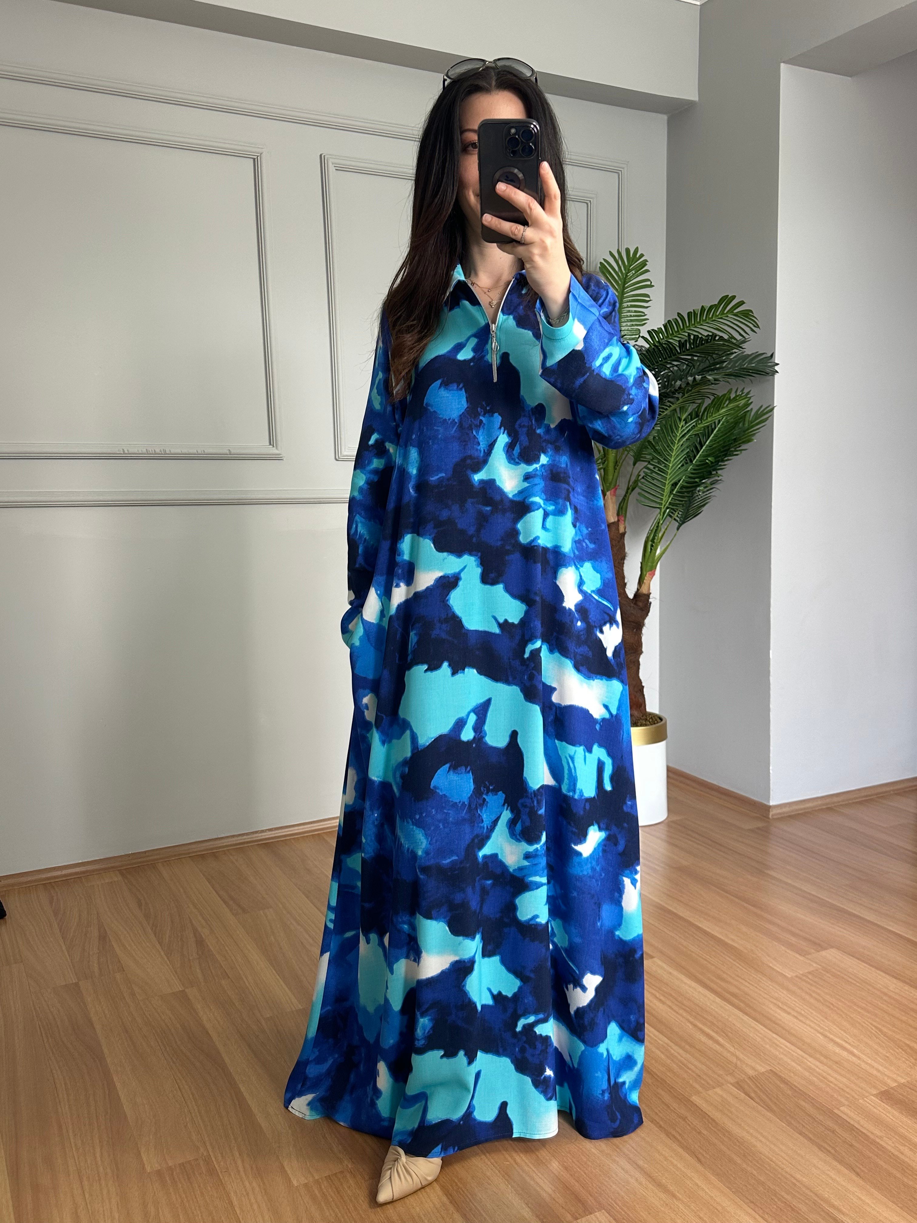 Meloni Mavi Dokuma Viskon Maksi Boy Elbise