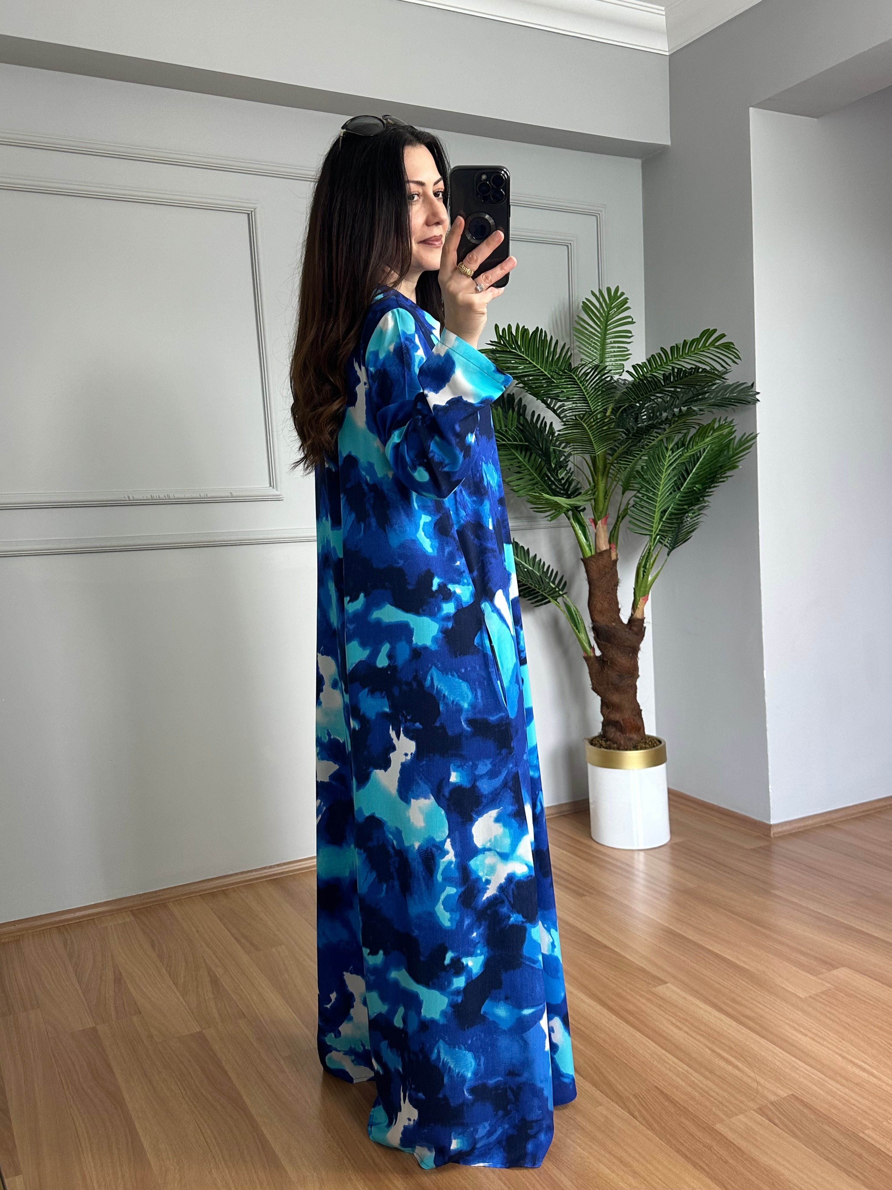 Meloni Mavi Dokuma Viskon Maksi Boy Elbise