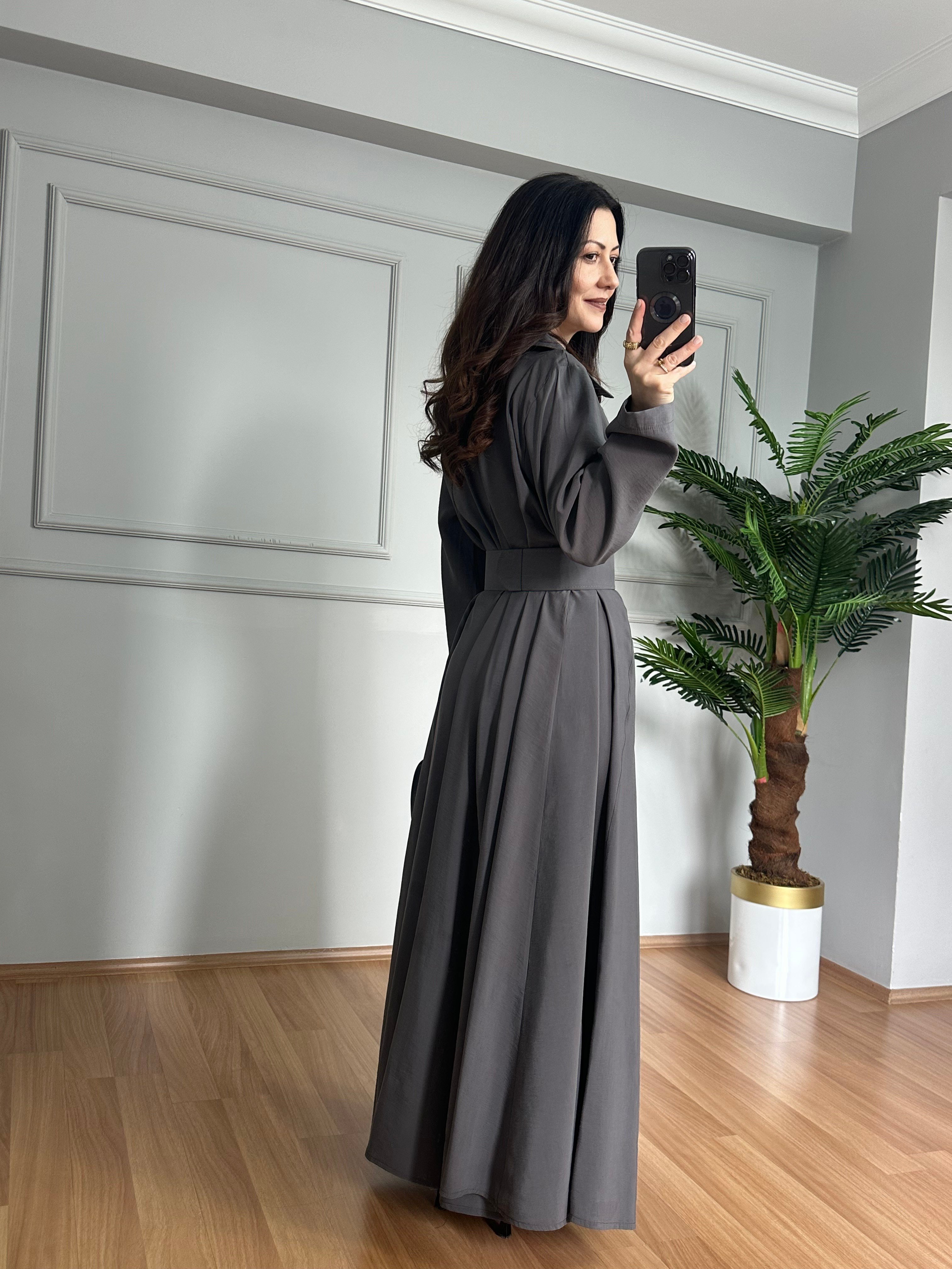 Milena Antrasit Tensel Kemerli A Kesim Elbise