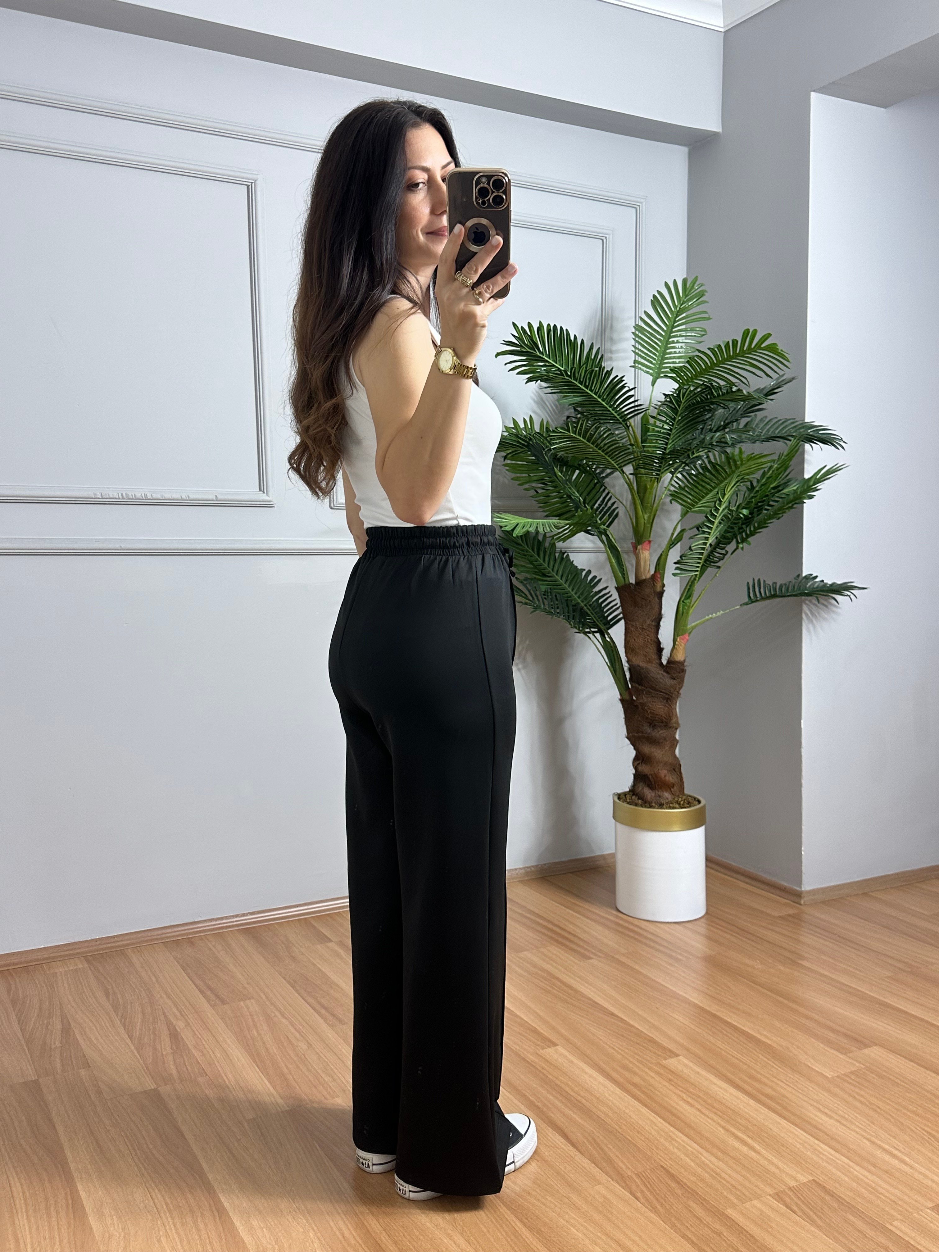 Mina Siyah Çimalı Palazzo Bilek Pantolon 