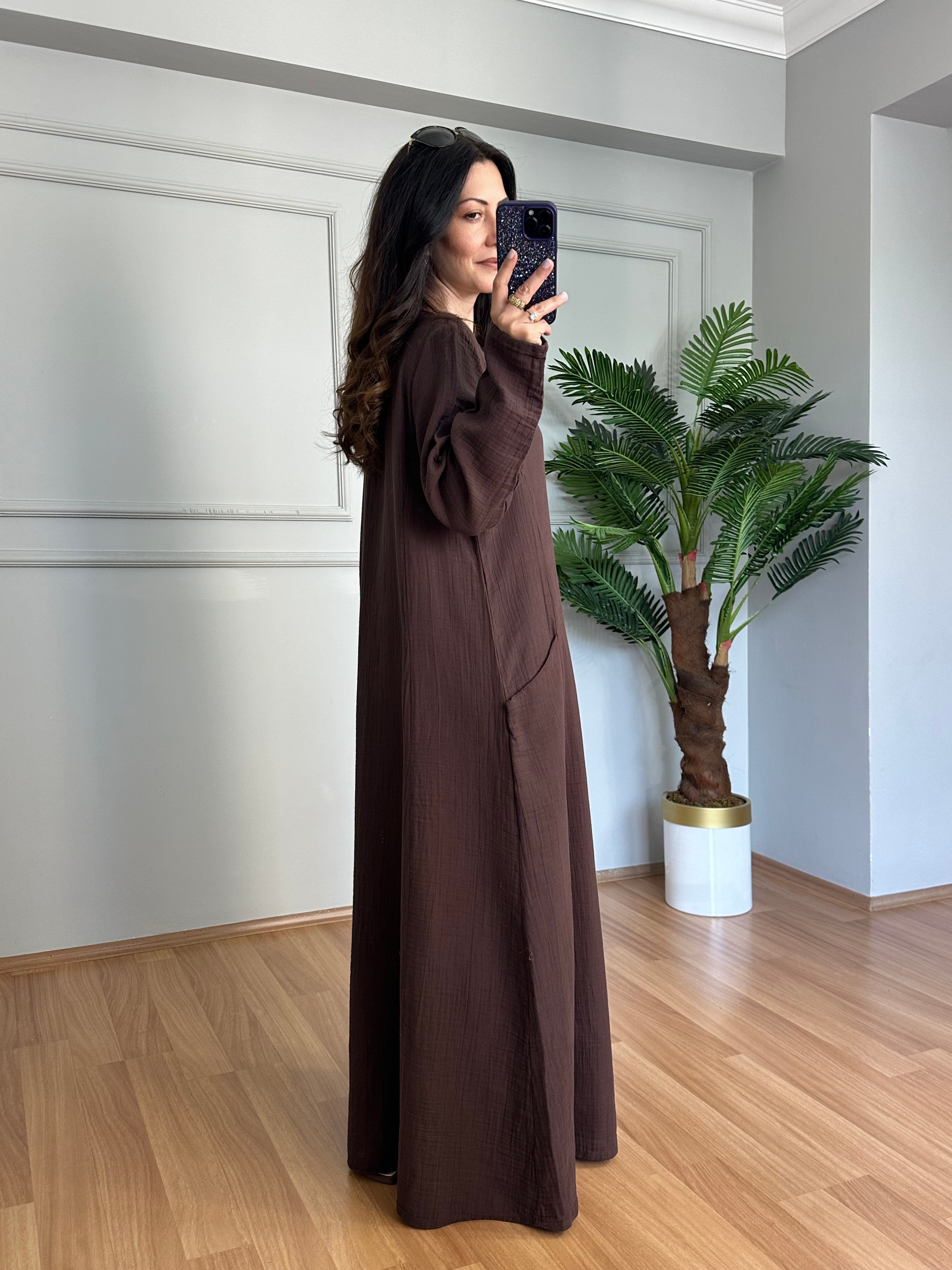Mireya Kahve Cepli Maxi Boy Müslin Elbise