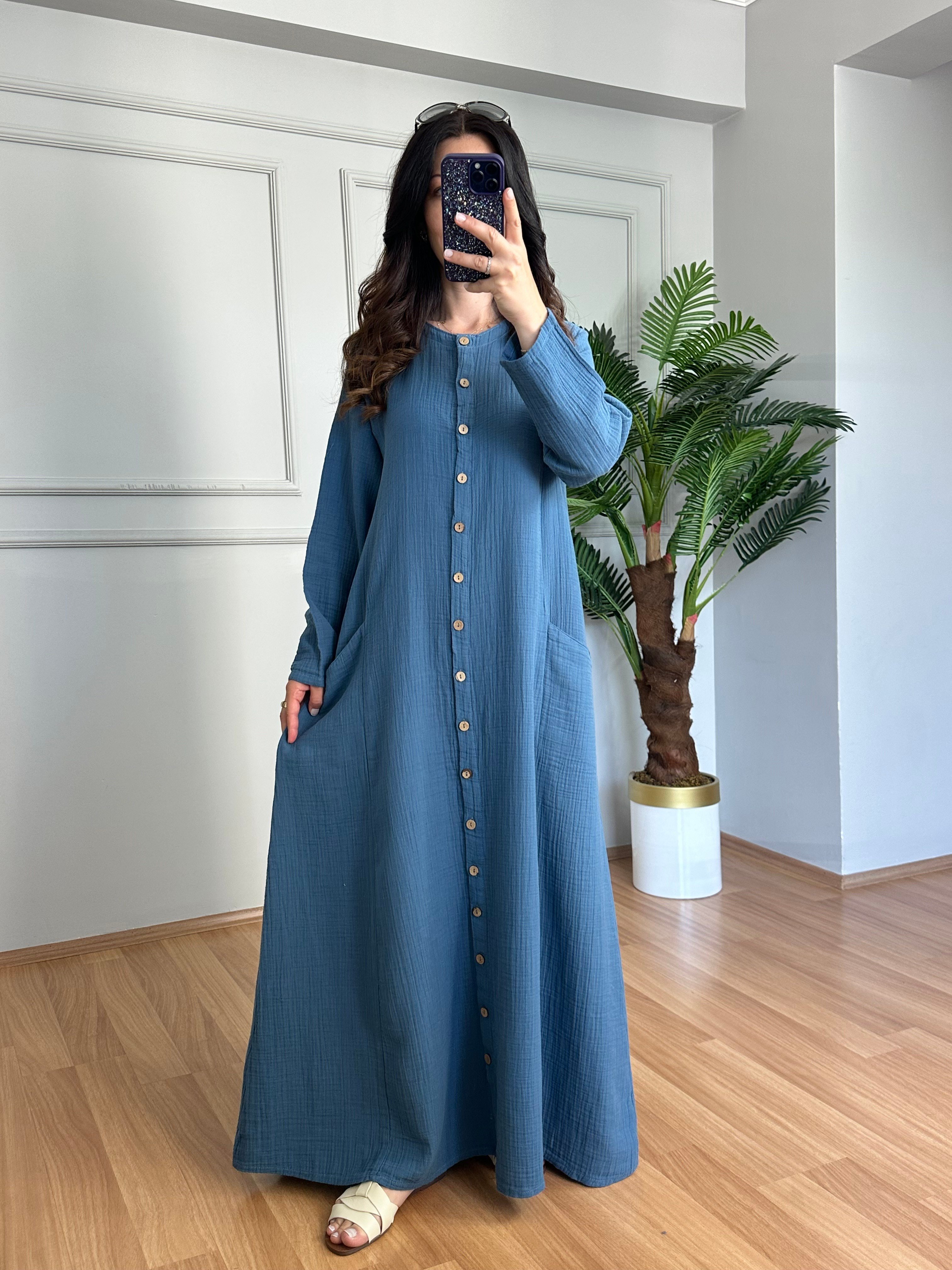 Mireya Mavi Cepli Maxi Boy Müslin Elbise