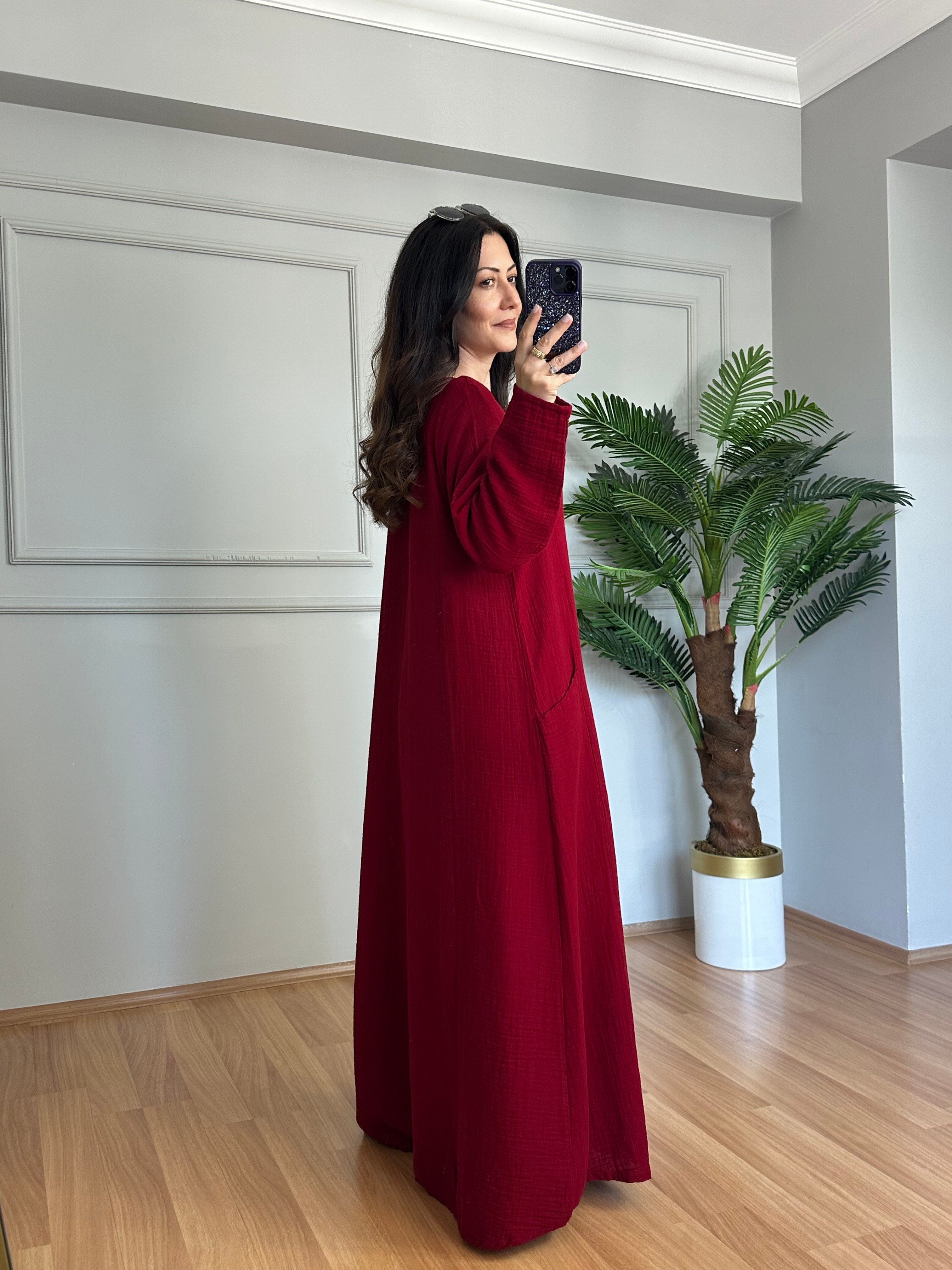 Mireya Vişne Cepli Maxi Boy Müslin Elbise