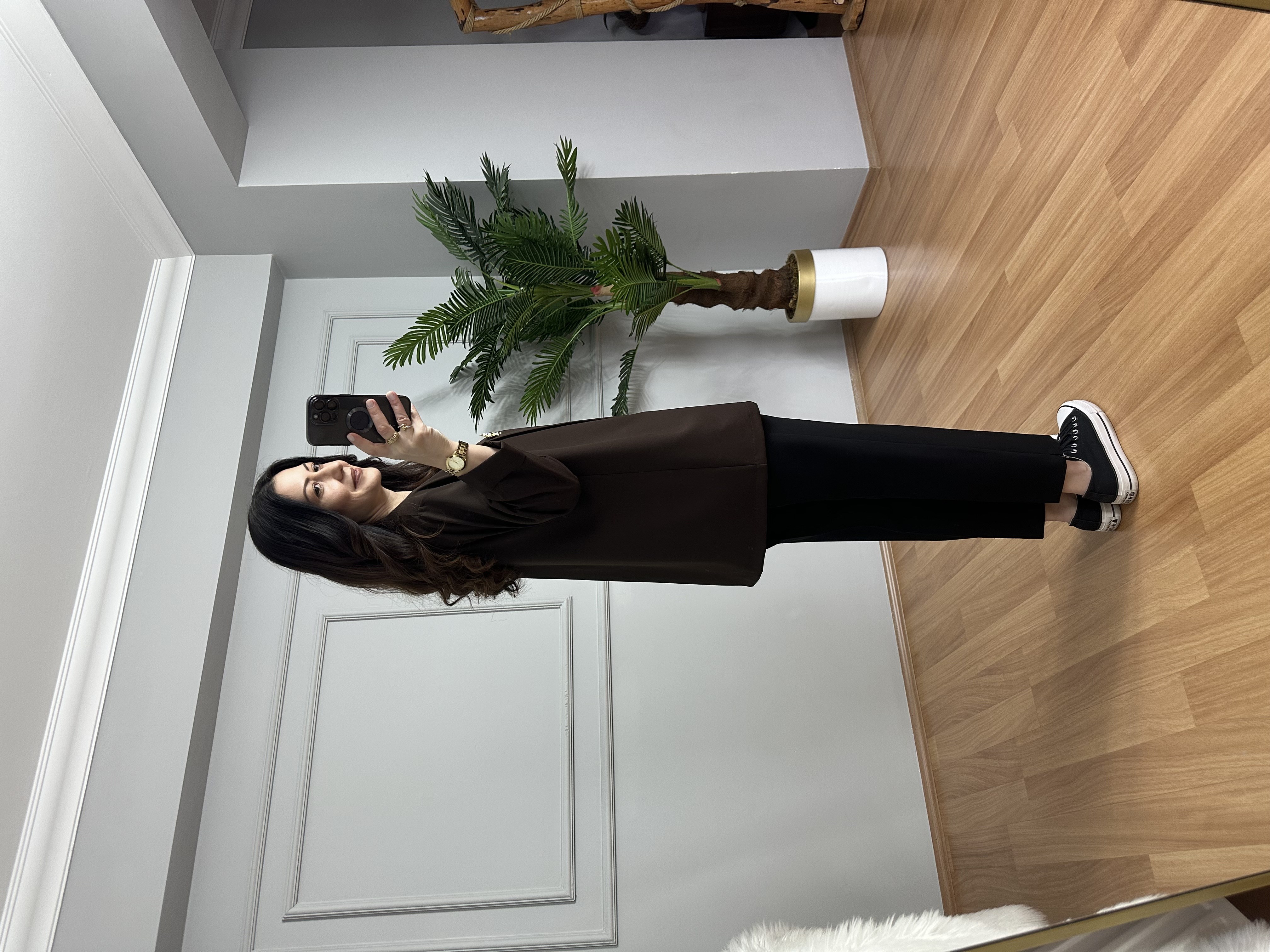 Monica Kahve İthal Krep Kumaş Broşlu Ceket