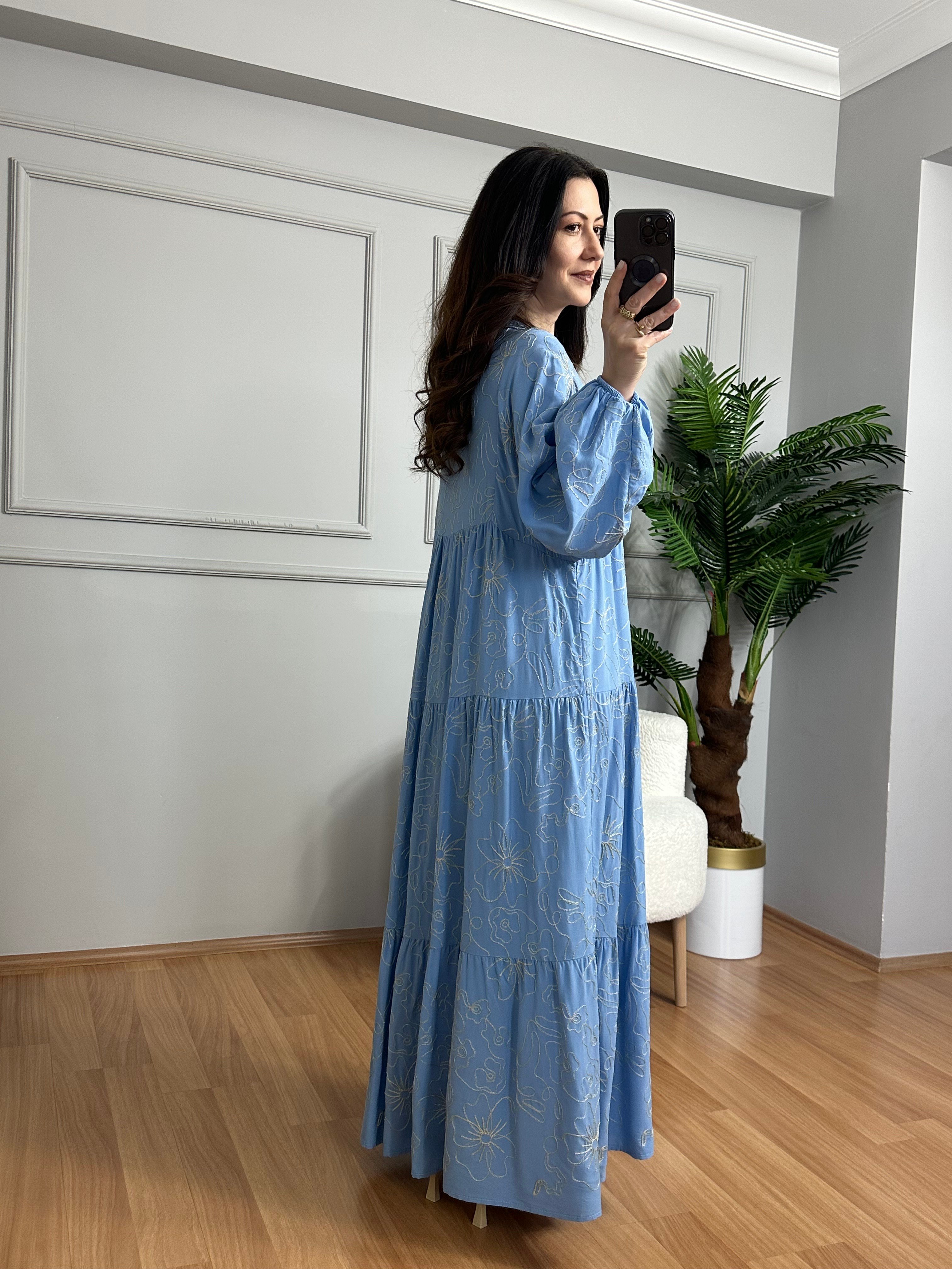 Navy Mavi İşlemeli Viskon Maxi Boy Elbise