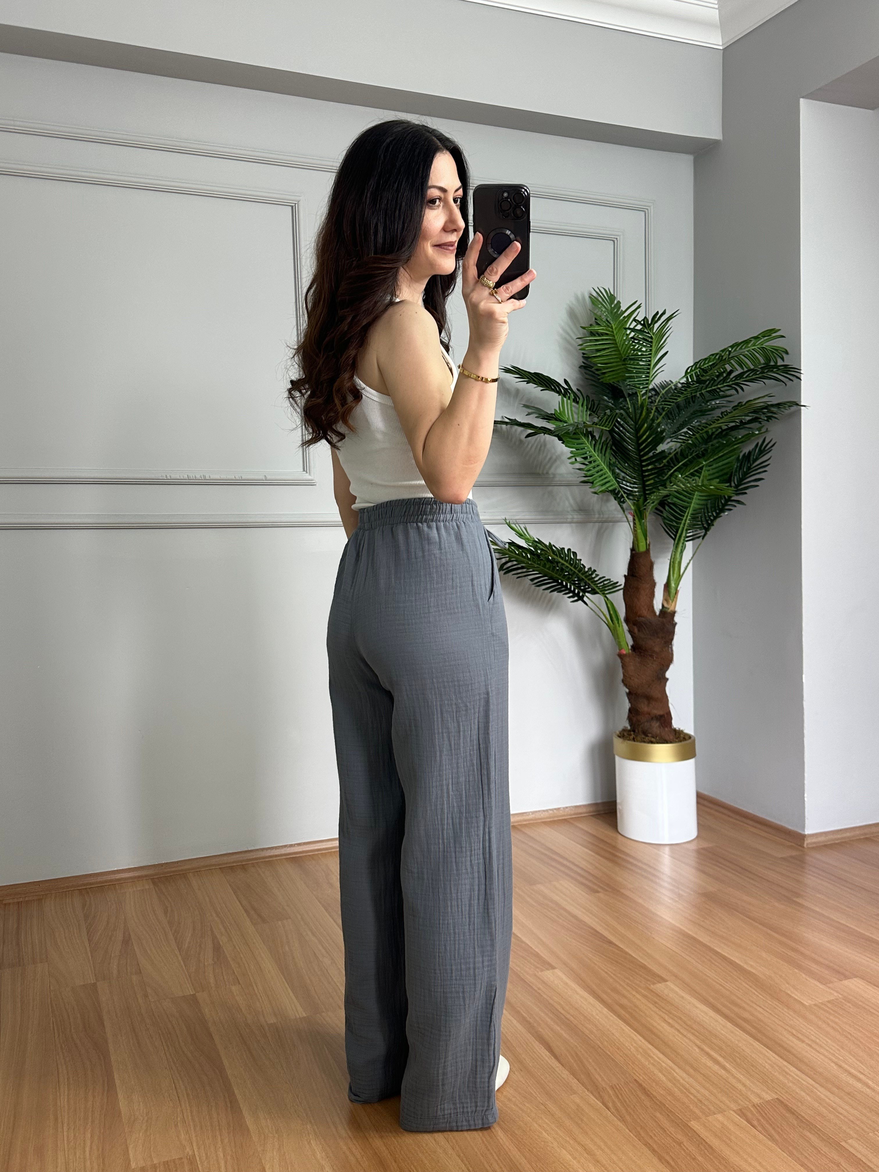 Olivia Gri Müslin Kumaş Pantolon 