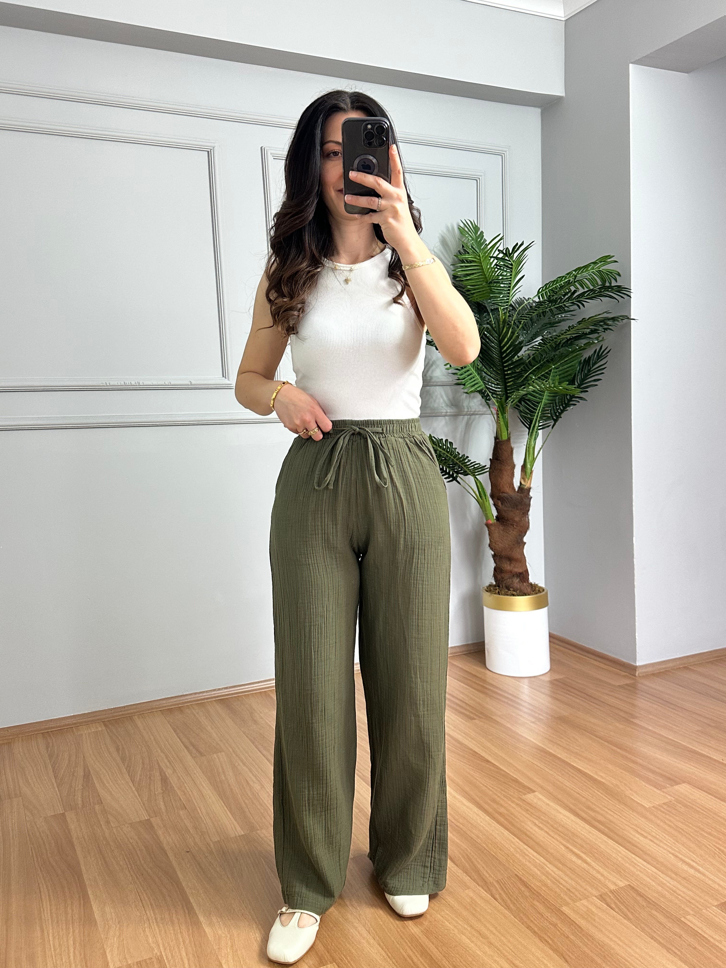 Olivia Haki Müslin Kumaş Pantolon