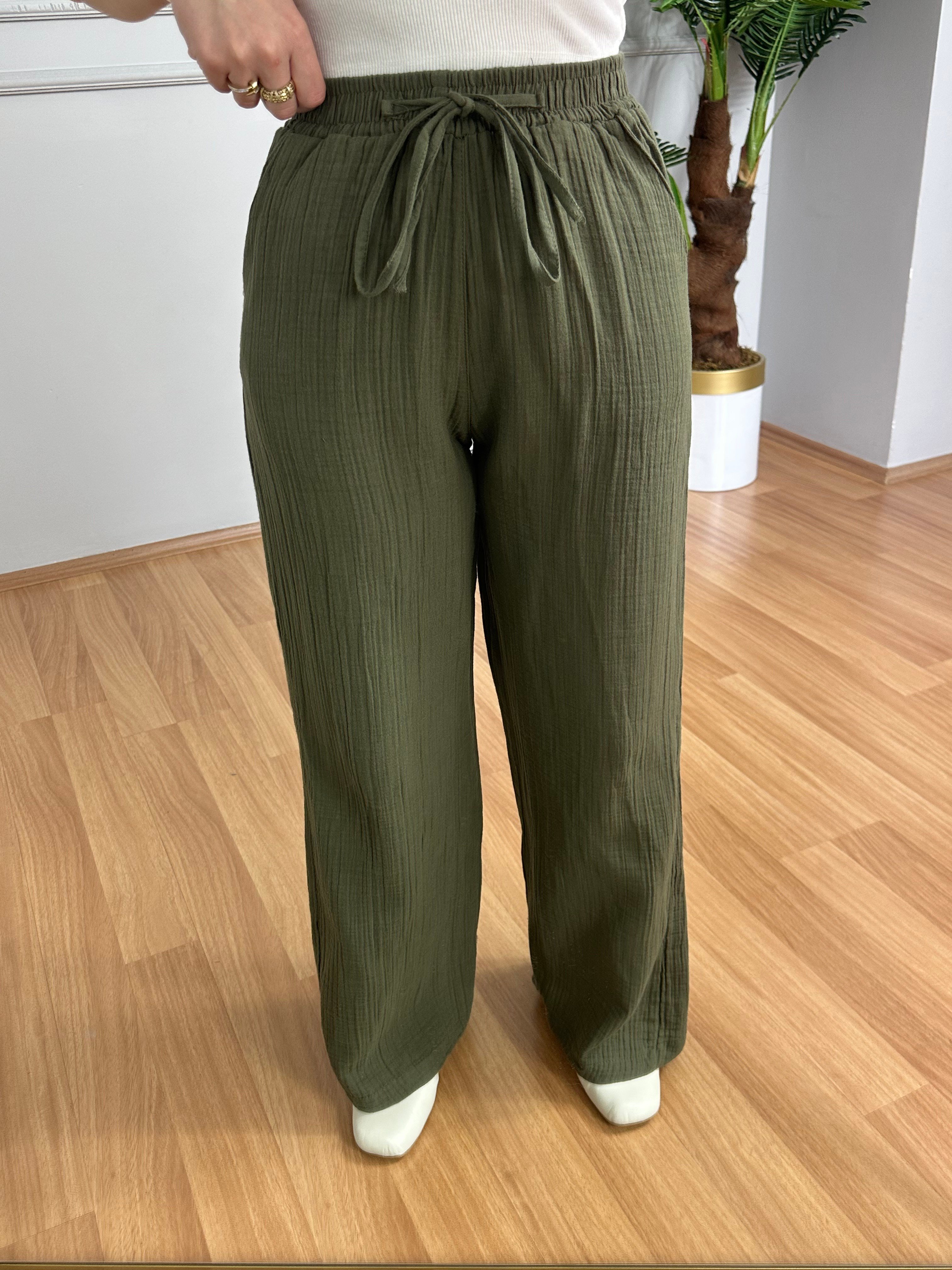 Olivia Haki Müslin Kumaş Pantolon