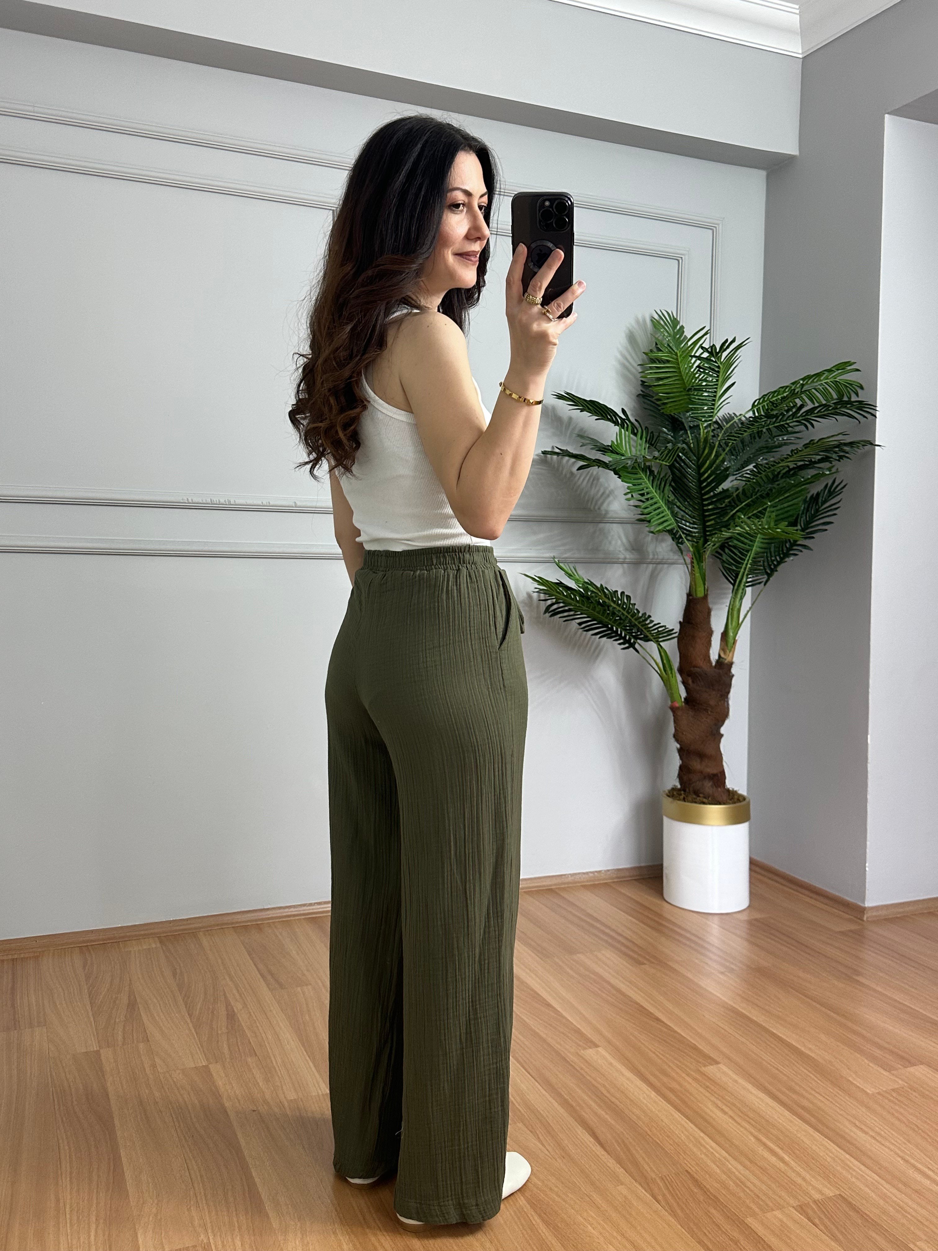 Olivia Haki Müslin Kumaş Pantolon