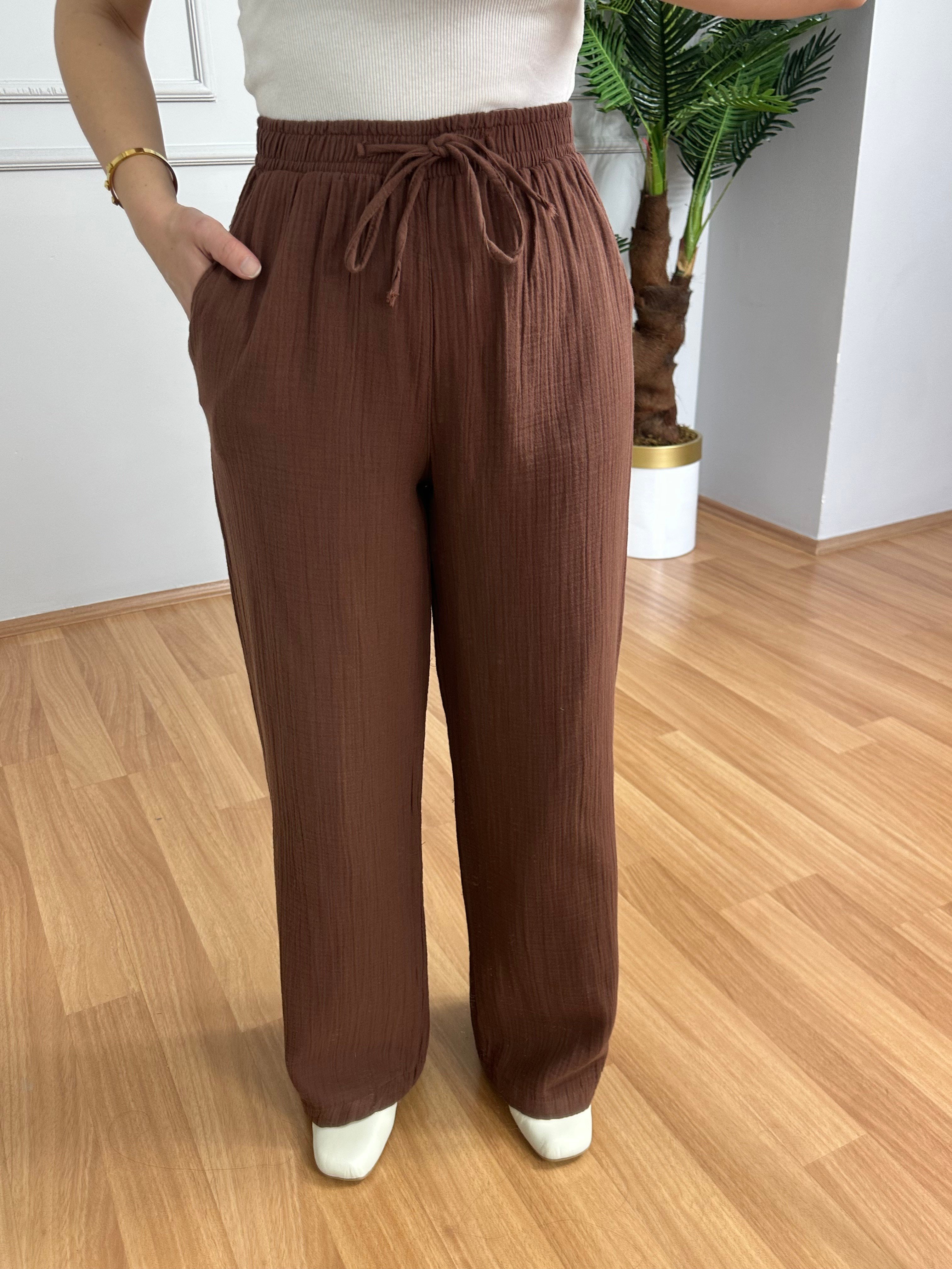 Olivia Kahve Müslin Kumaş Pantolon