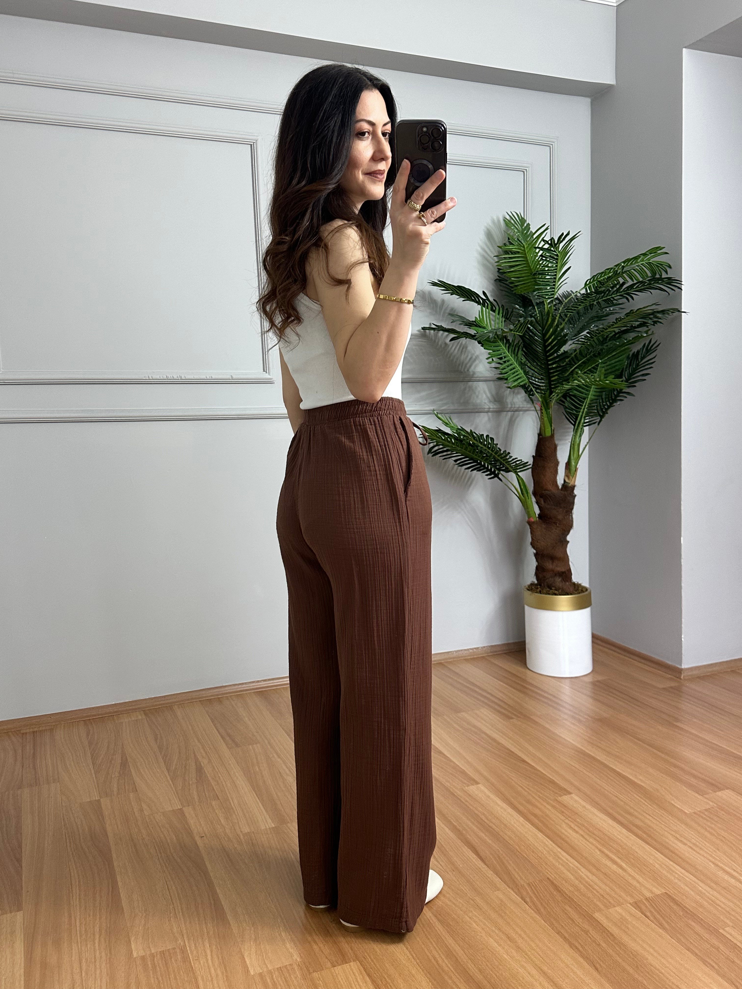 Olivia Kahve Müslin Kumaş Pantolon
