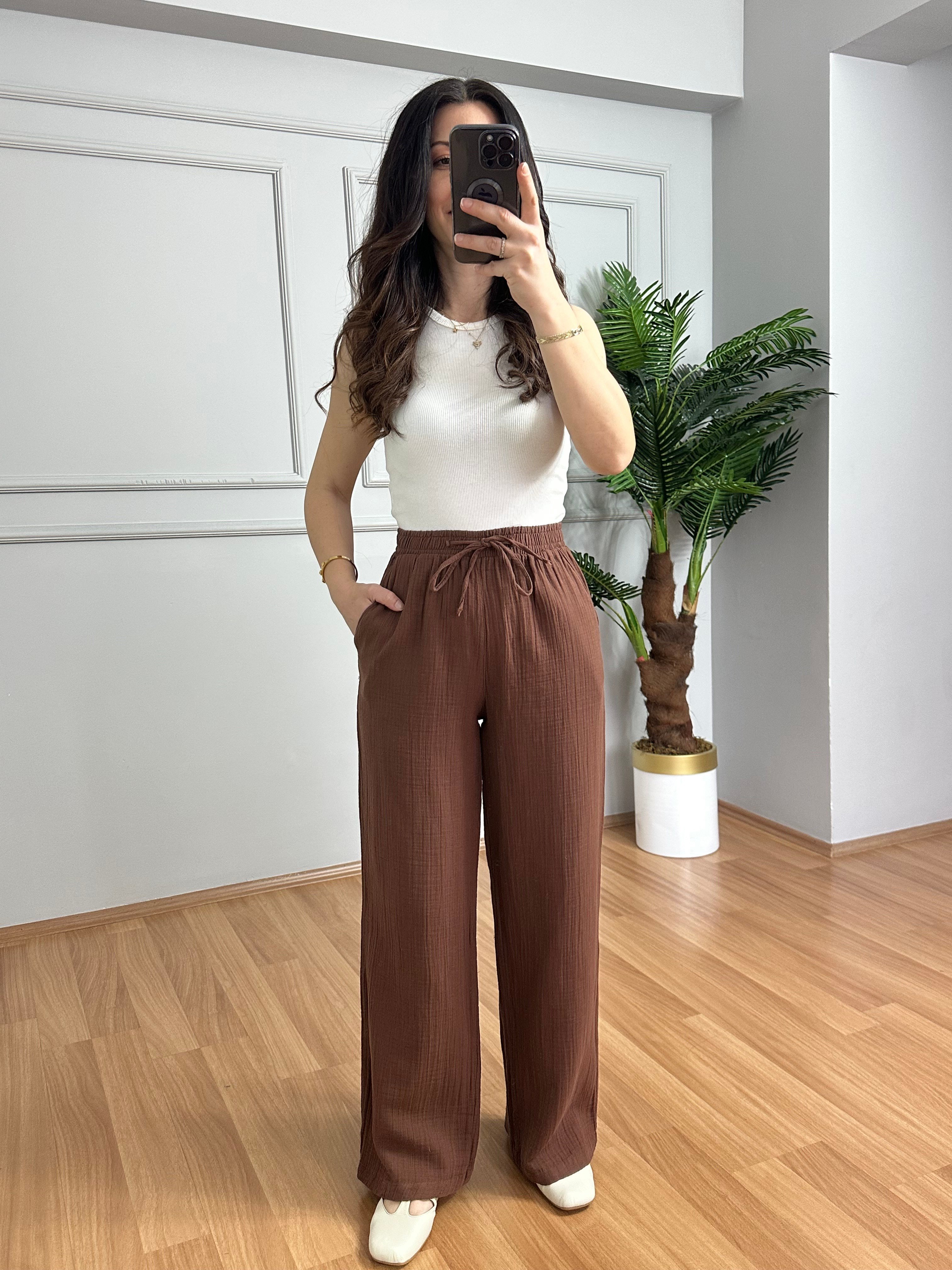 Olivia Kahve Müslin Kumaş Pantolon