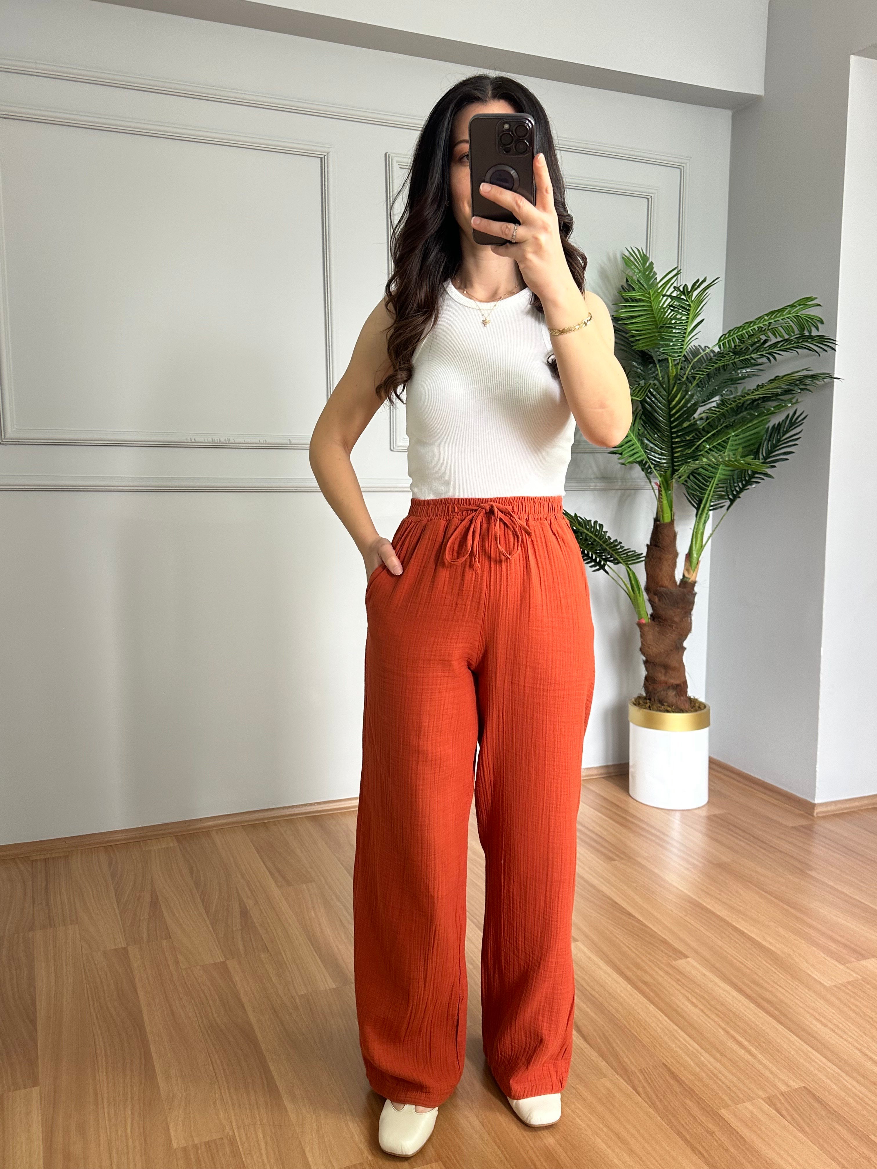 Olivia Kiremit Müslin Kumaş Pantolon 