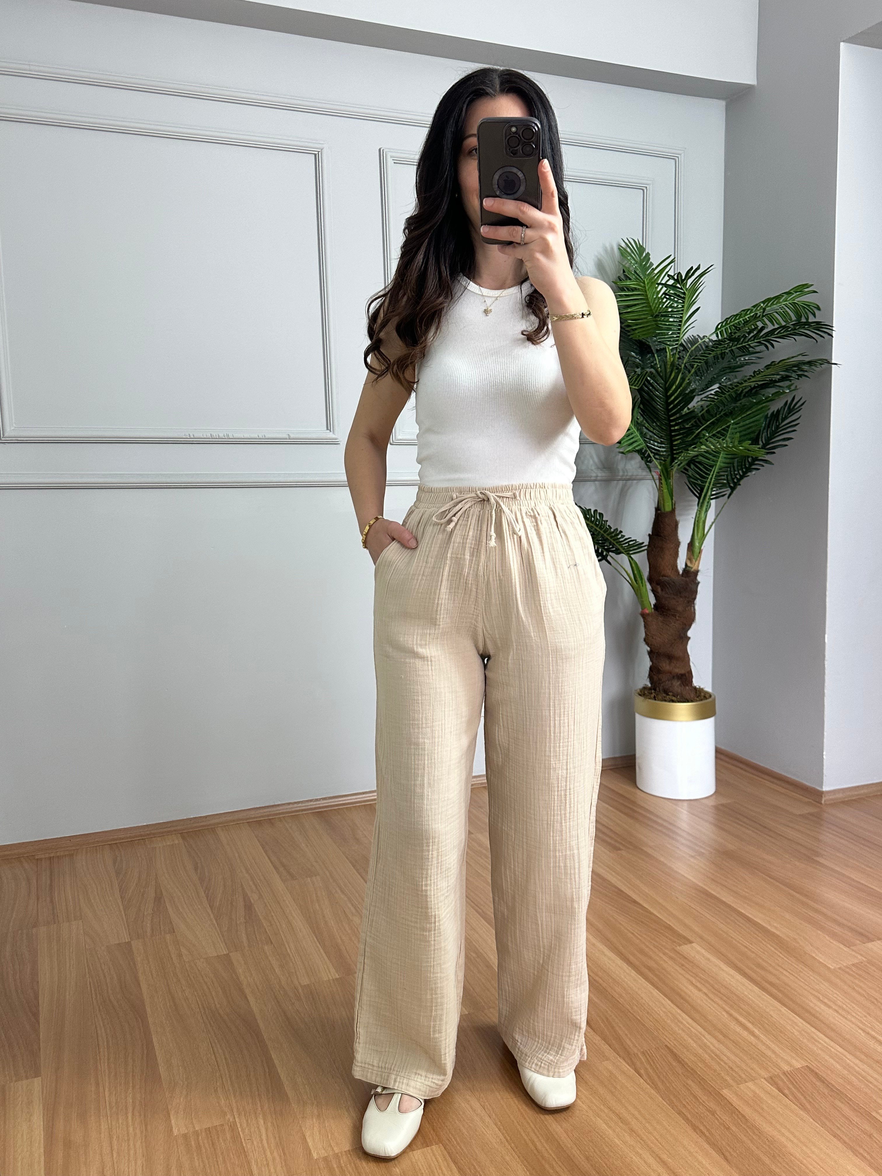 Olivia Krem Müslin Kumaş Pantolon