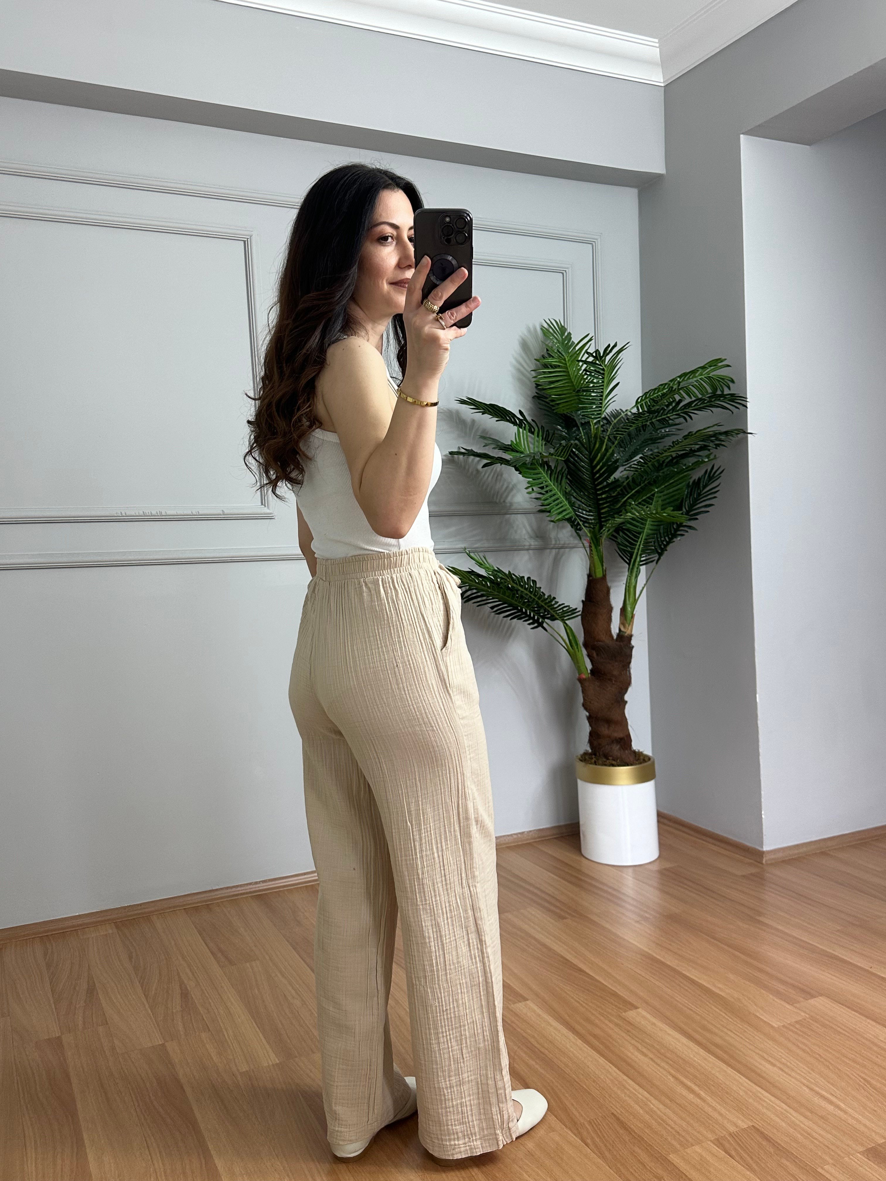 Olivia Krem Müslin Kumaş Pantolon