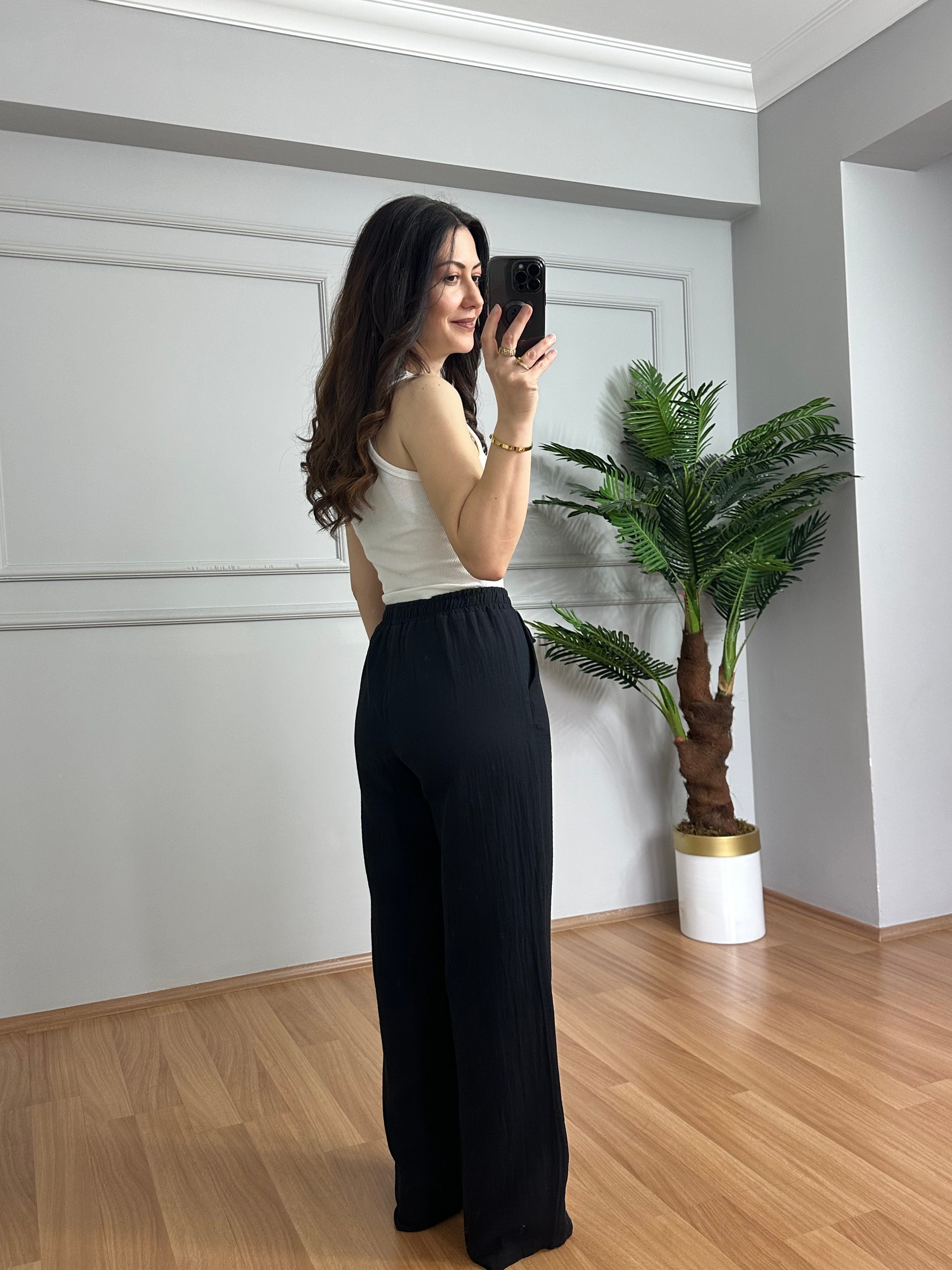 Olivia Siyah Müslin Kumaş Pantolon