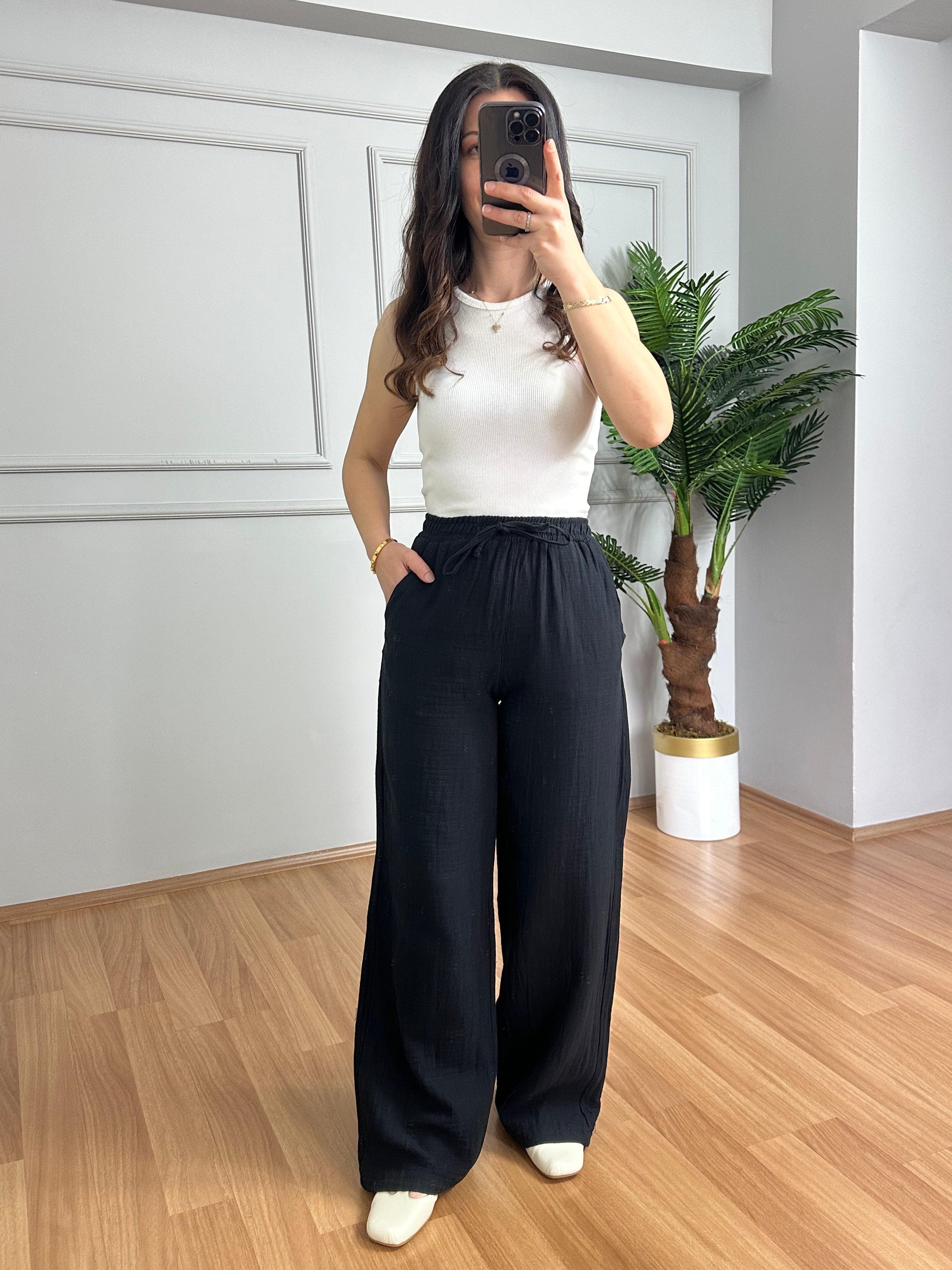 Olivia Siyah Müslin Kumaş Pantolon