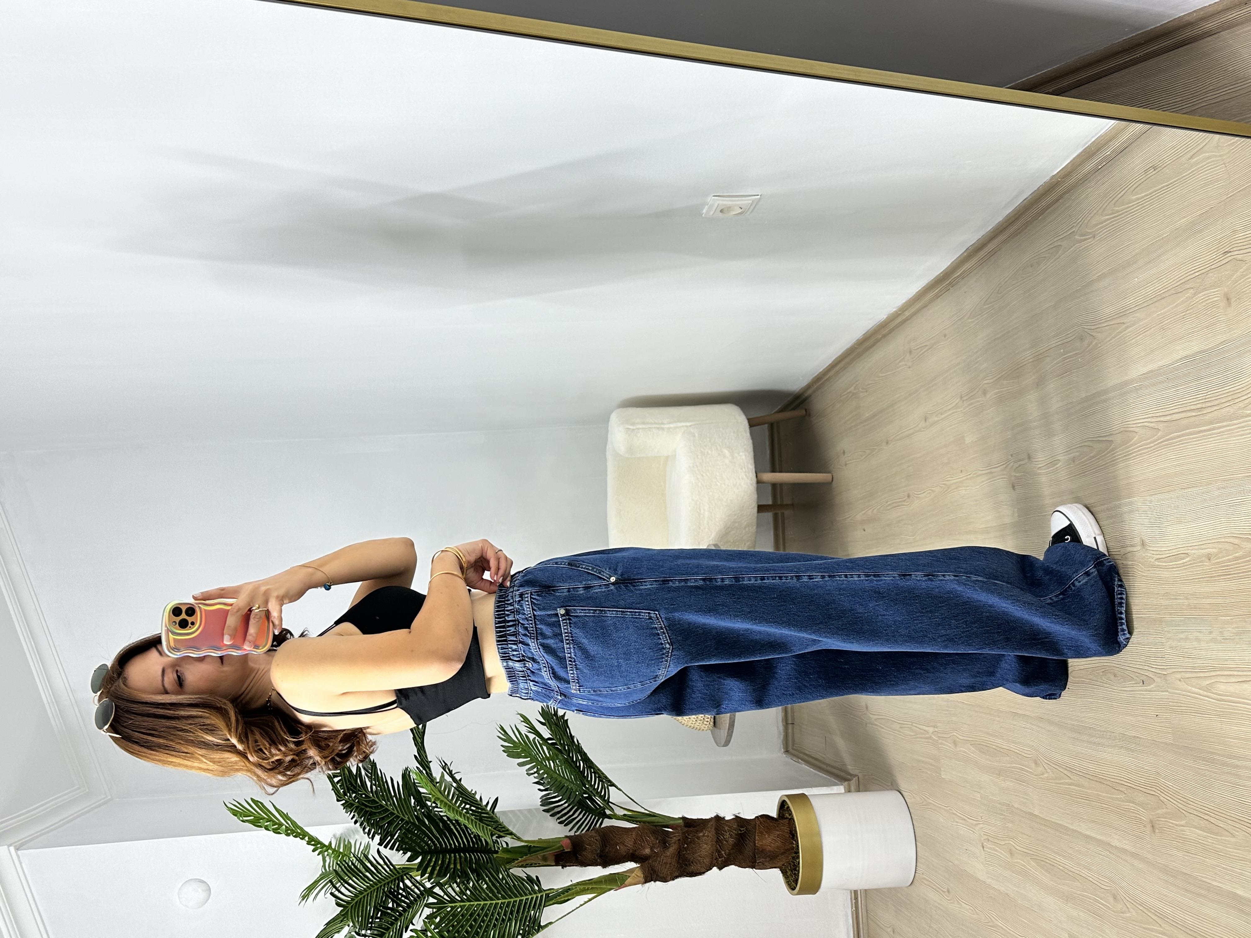 Orjinal Marka Beli Lastik Detaylı Geniş Paça Jean