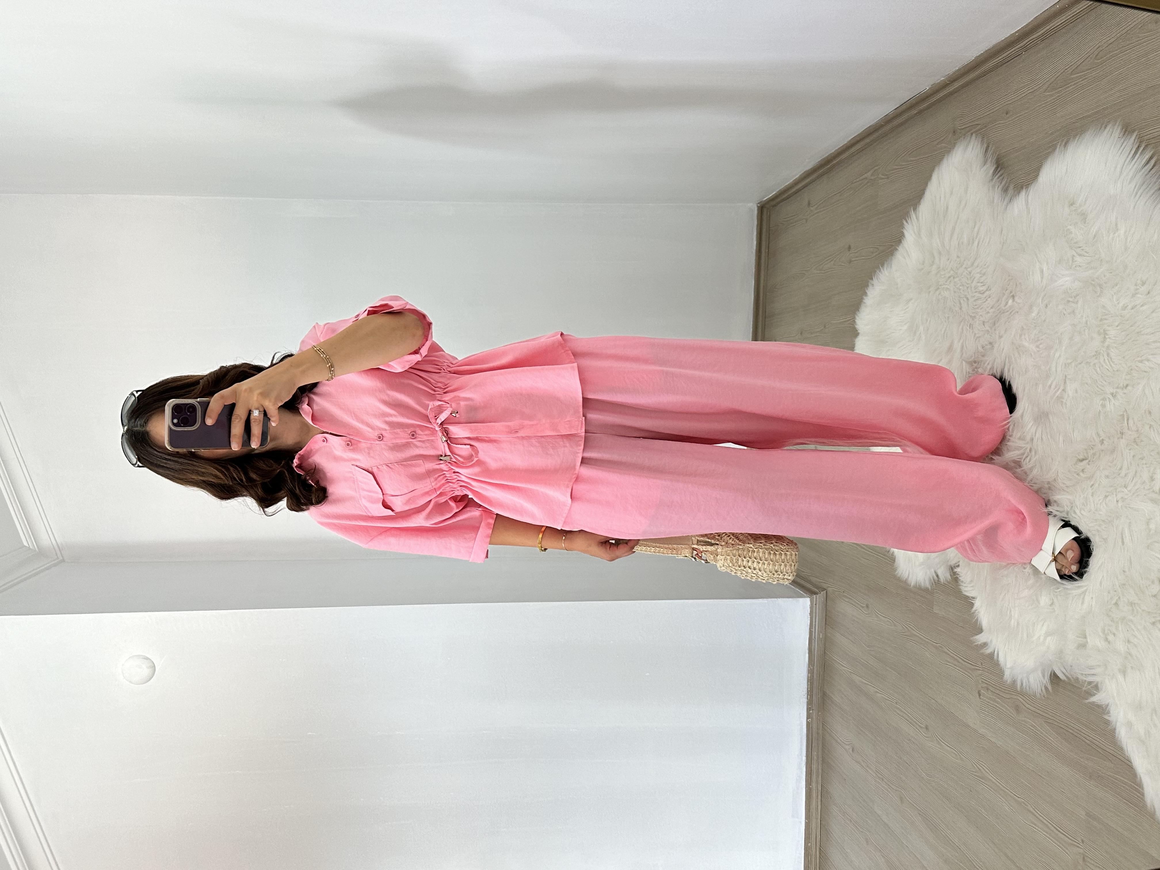 Pembe Tensel Kumaş Bel Ayarlı Ceket Pantolon
