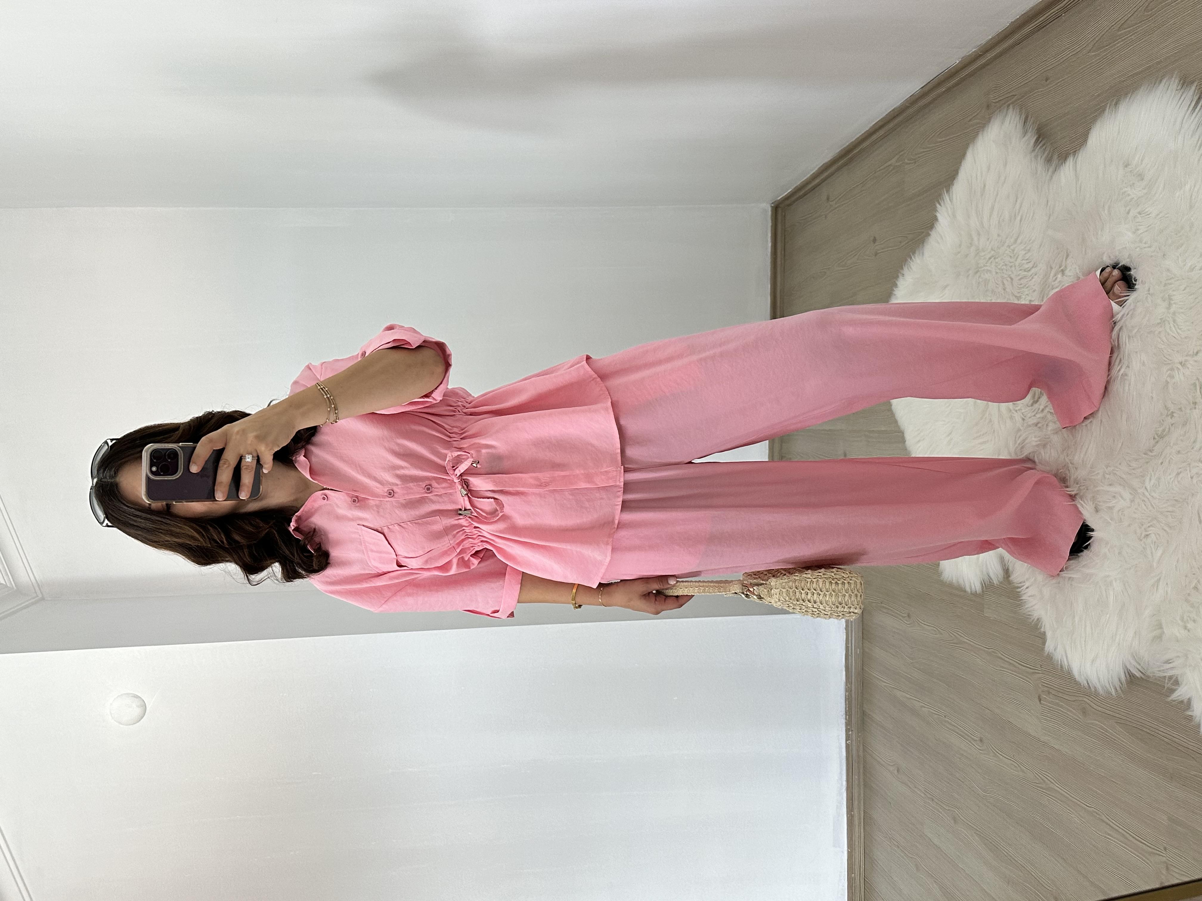 Pembe Tensel Kumaş Bel Ayarlı Ceket Pantolon