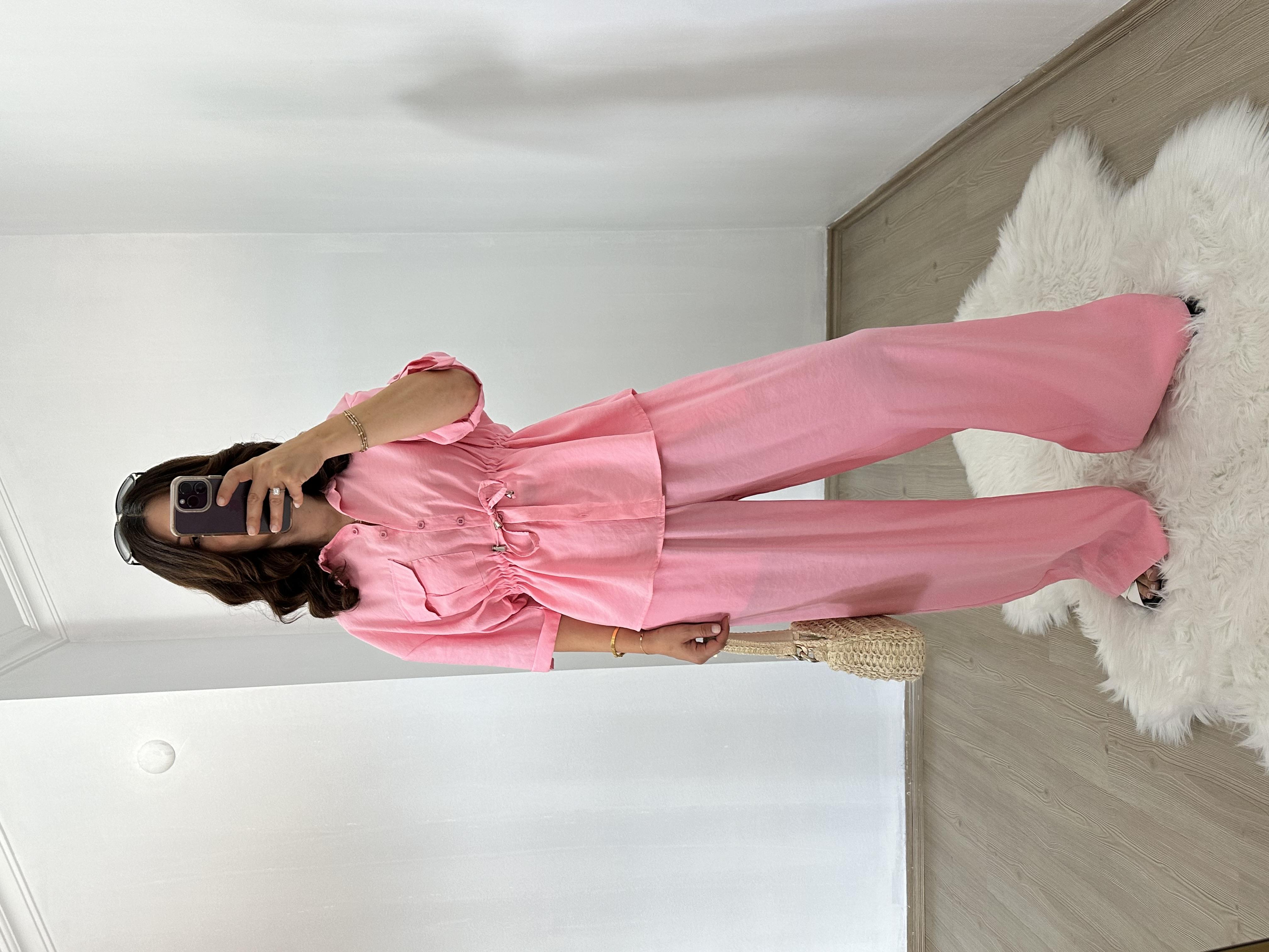 Pembe Tensel Kumaş Bel Ayarlı Ceket Pantolon