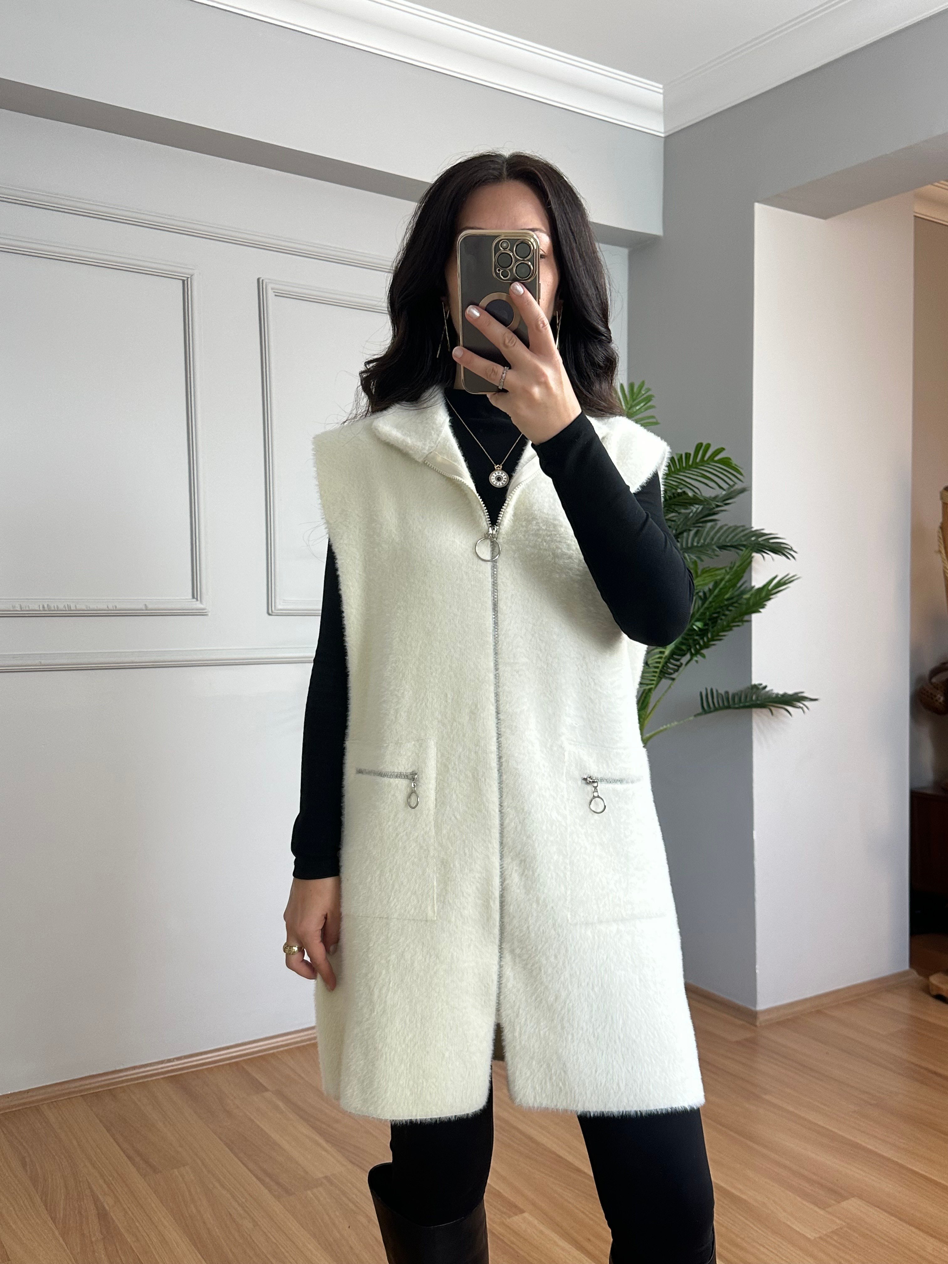 Penha Ekru Angora Fermuarlı Yelek