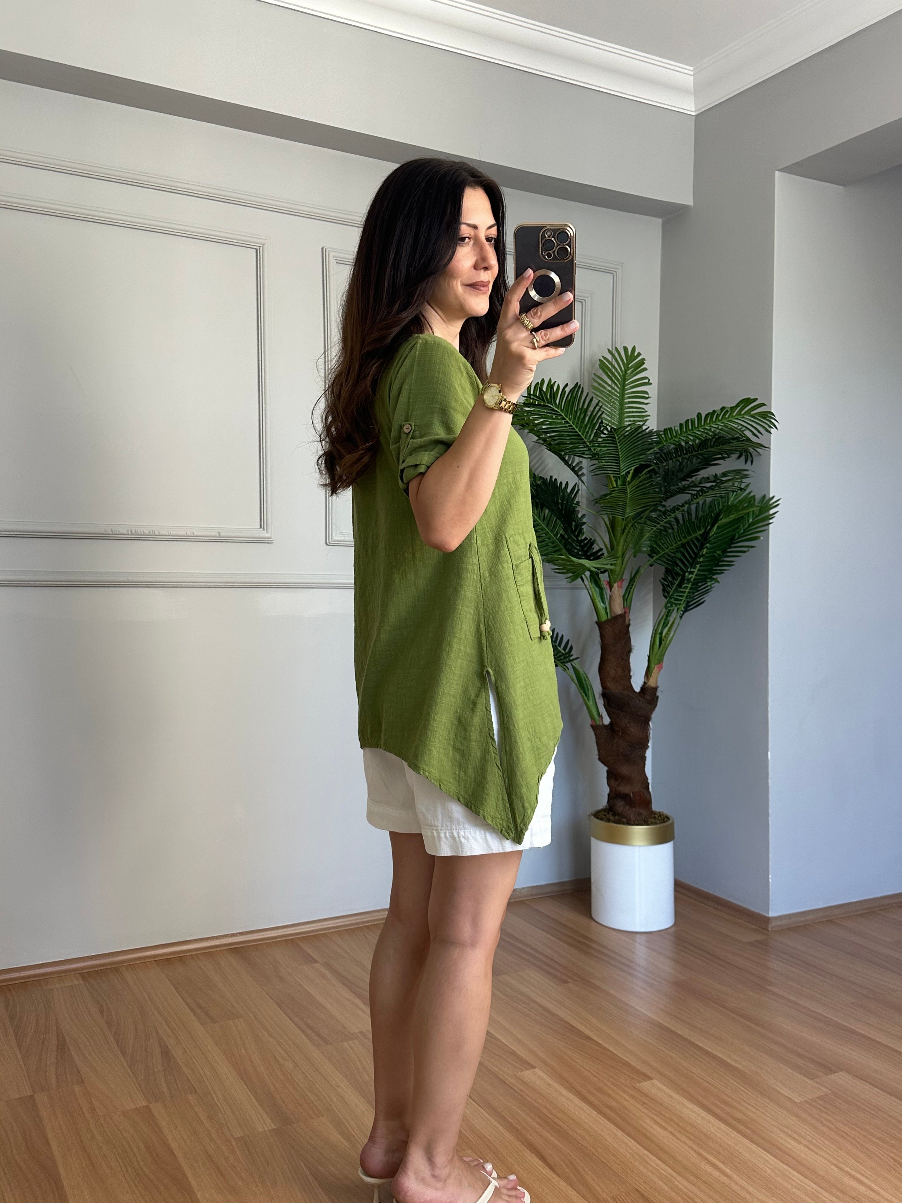 Rella Yeşil Boncuk Detaylı Keten Bluz