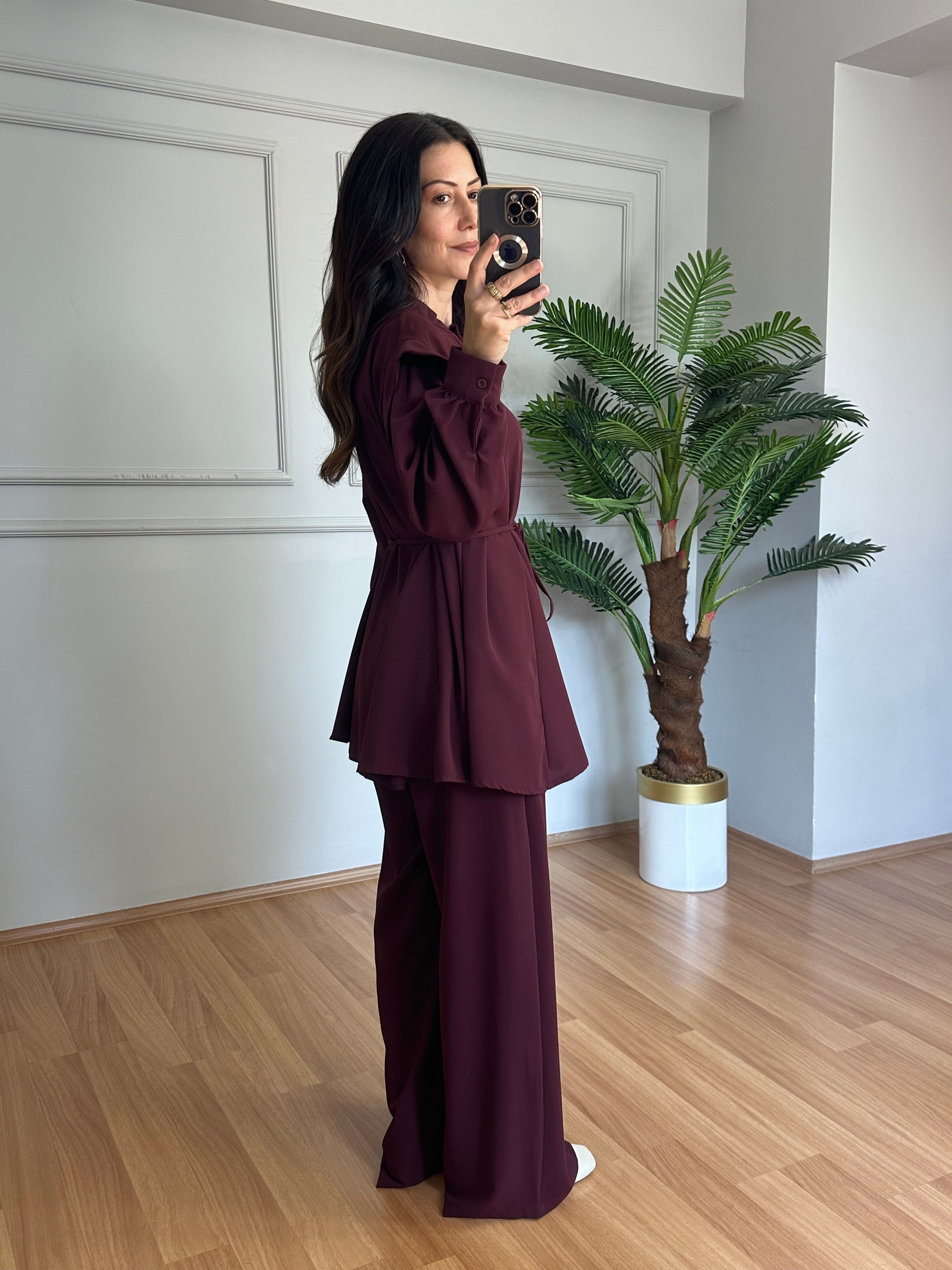 Renna Bordo Bel Bağlamalı Gömlek Pantolon Takım 