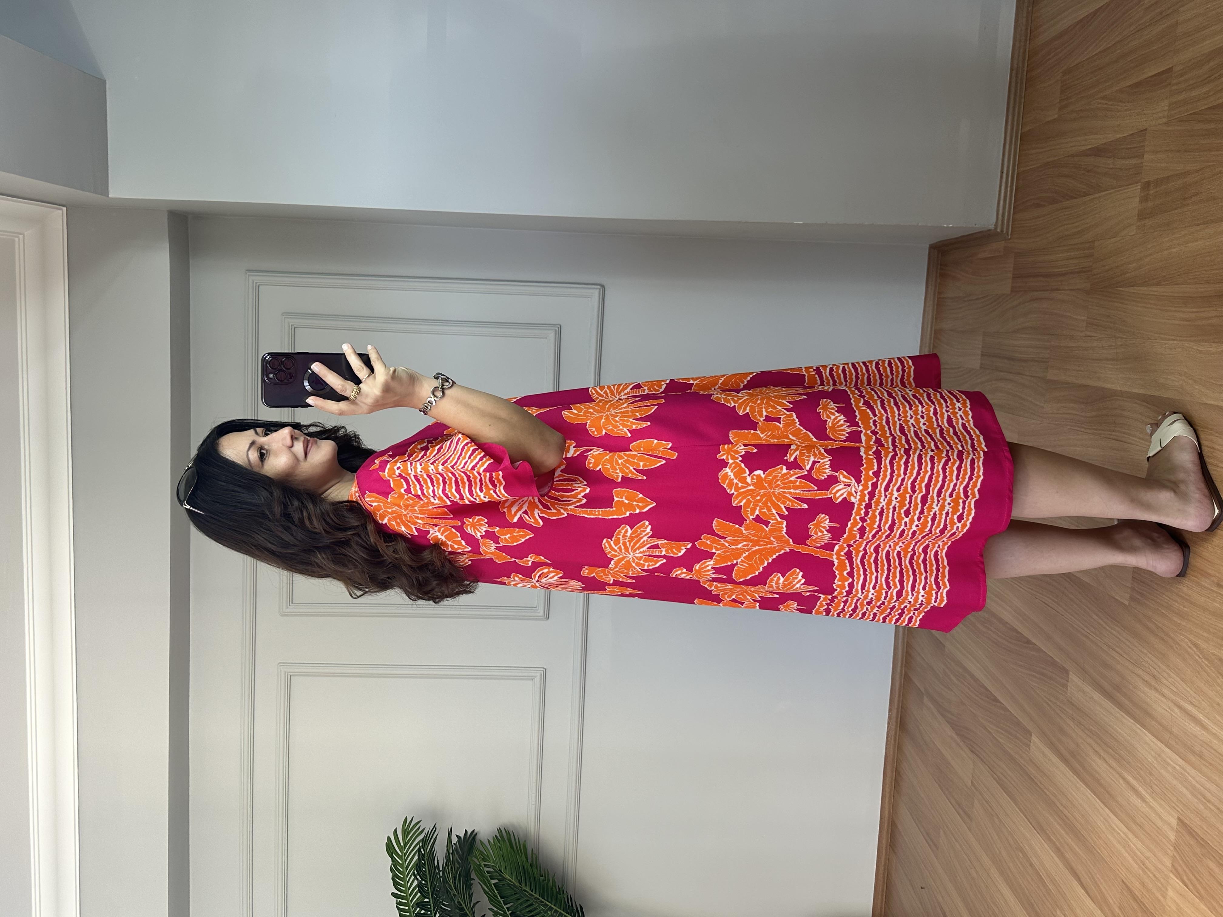 Riva Pembe-Turuncu Yakalı Pamuk Viskon Elbise 