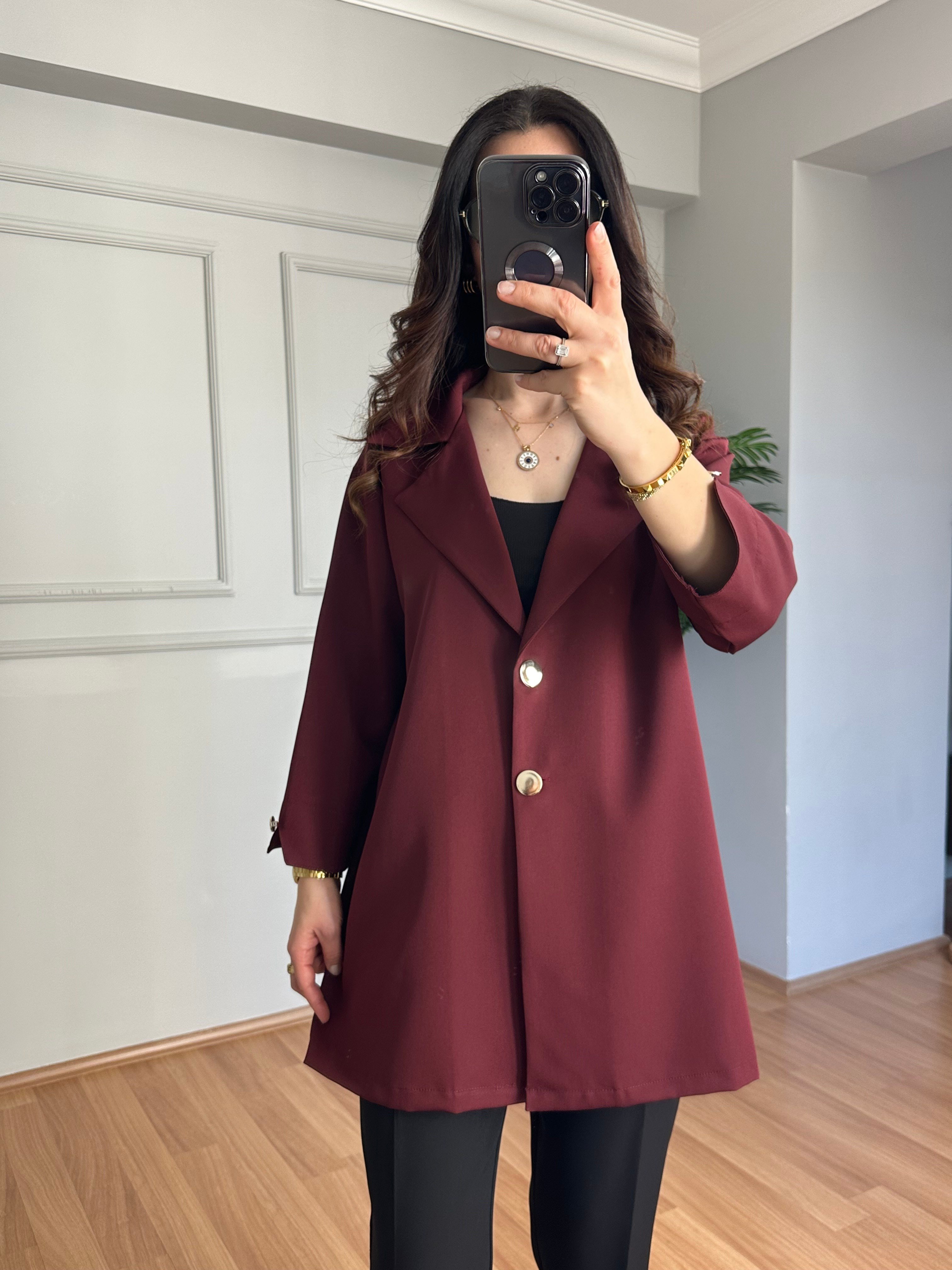 Rozita Bordo İthal Krep Kumaş Düğmeli Ceket