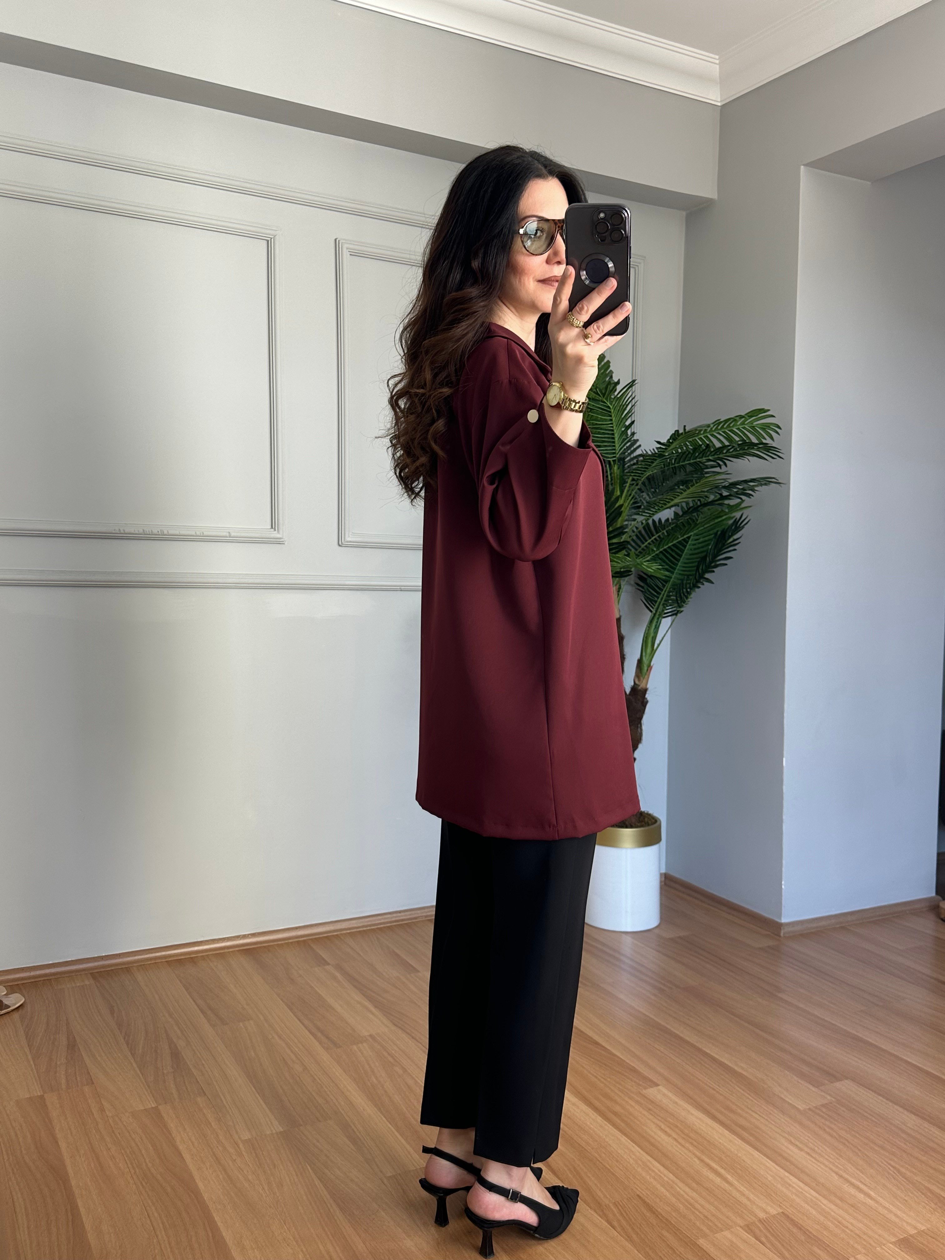 Rozita Bordo İthal Krep Kumaş Düğmeli Ceket