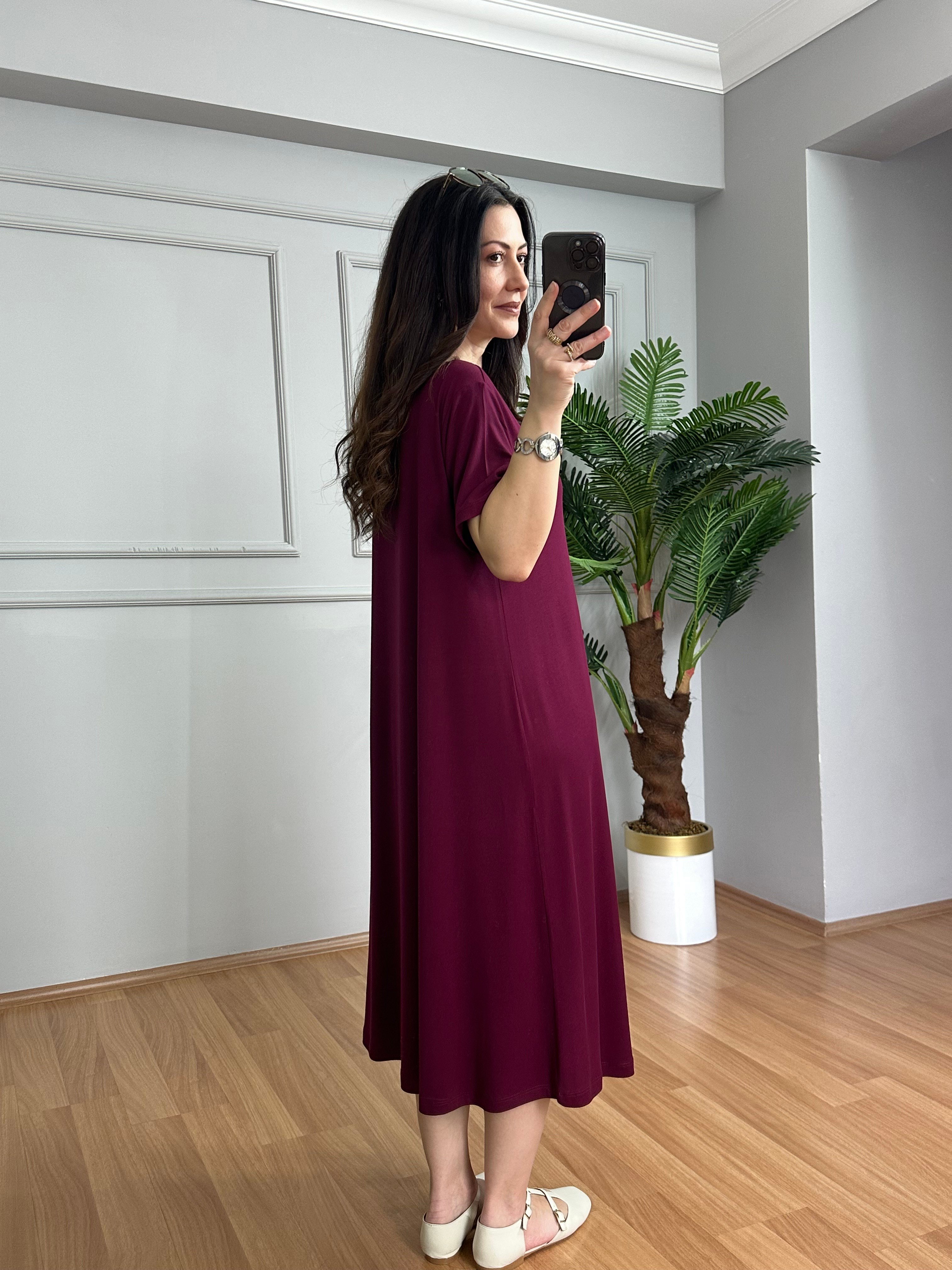 Samya Bordo Tahta Boncuk Detaylı Lilralı Elbise