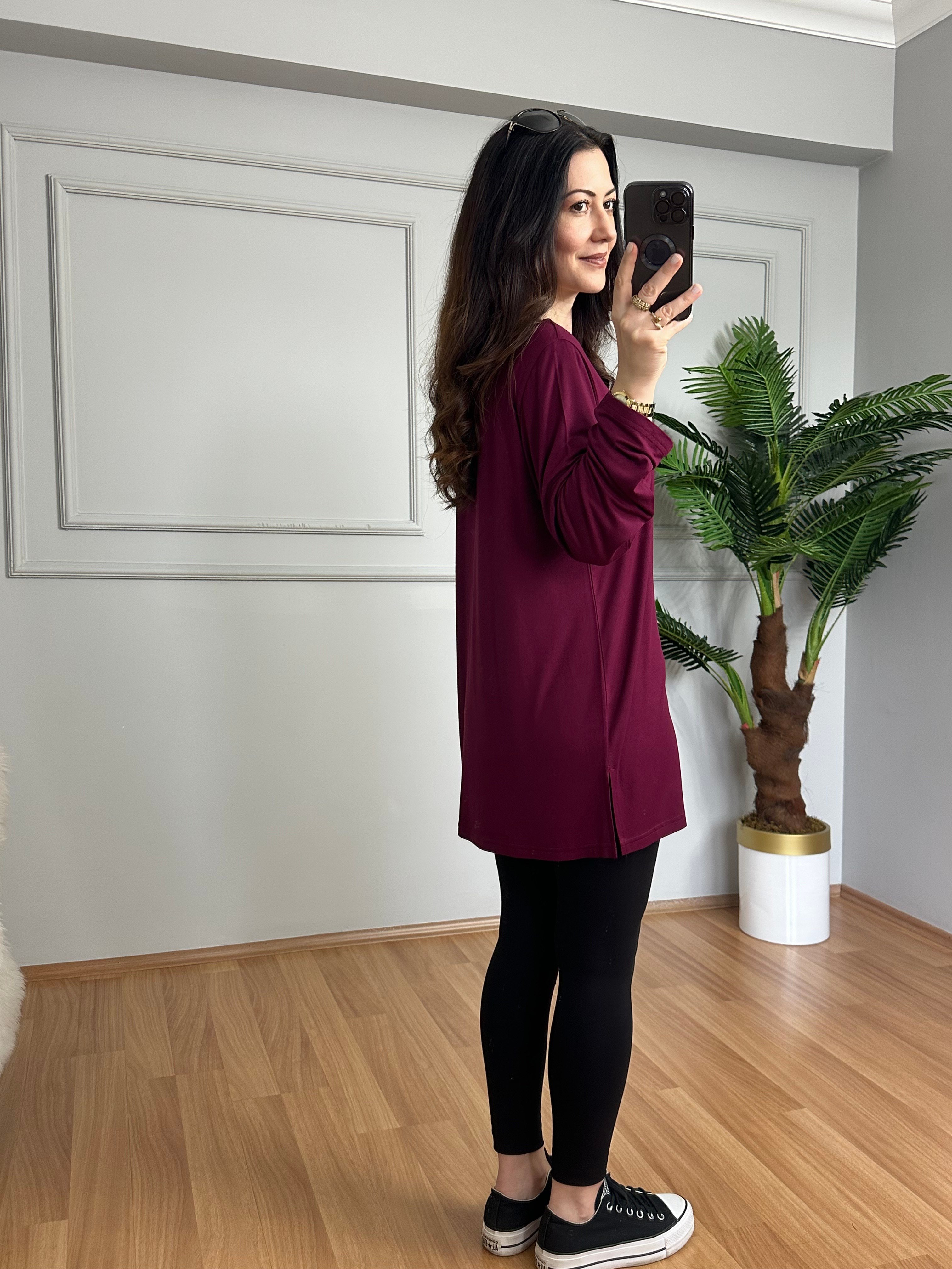 Sera Bordo Likralı V Yaka Basic Bluz 