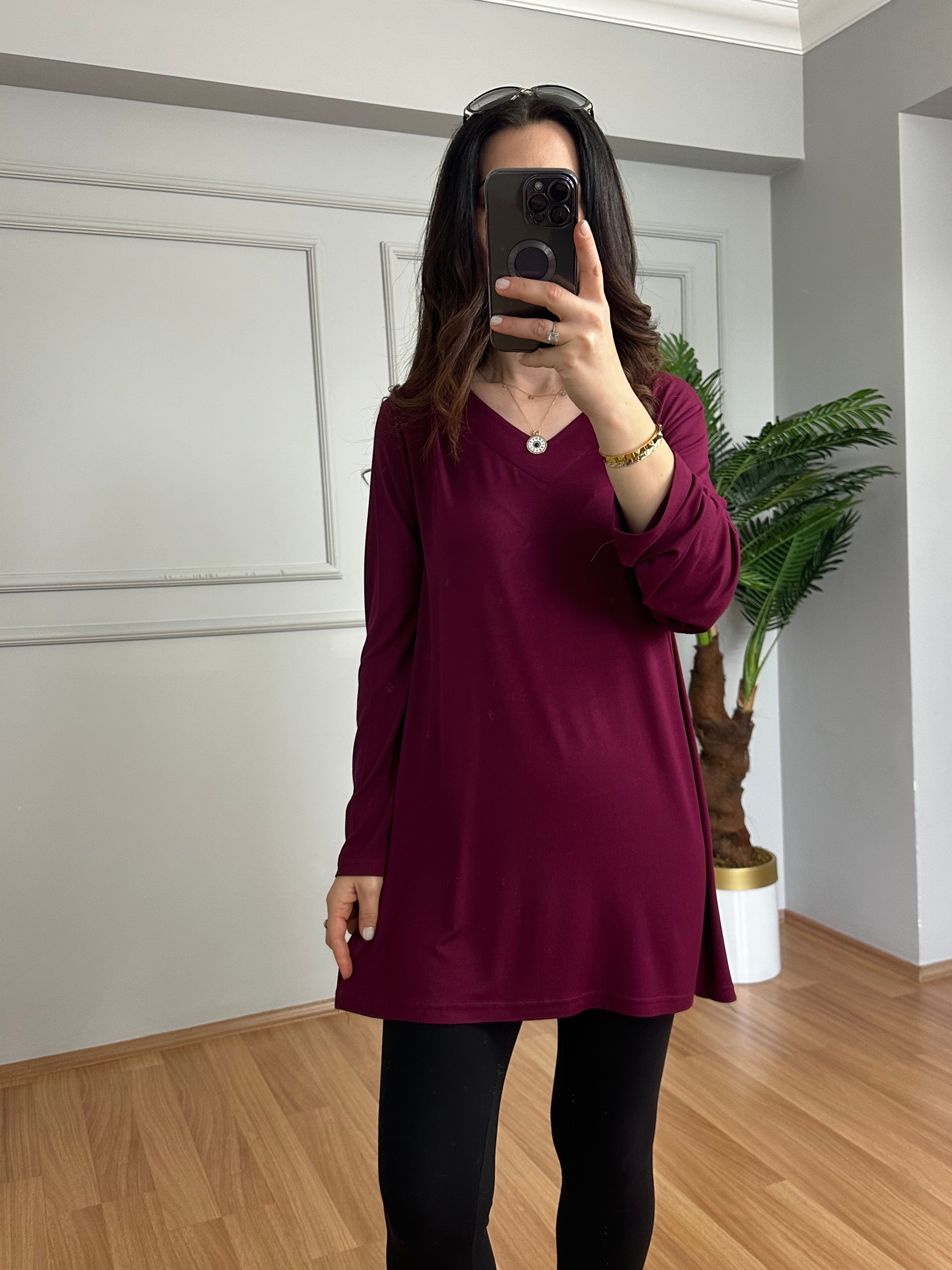 Sera Bordo Likralı V Yaka Basic Bluz 