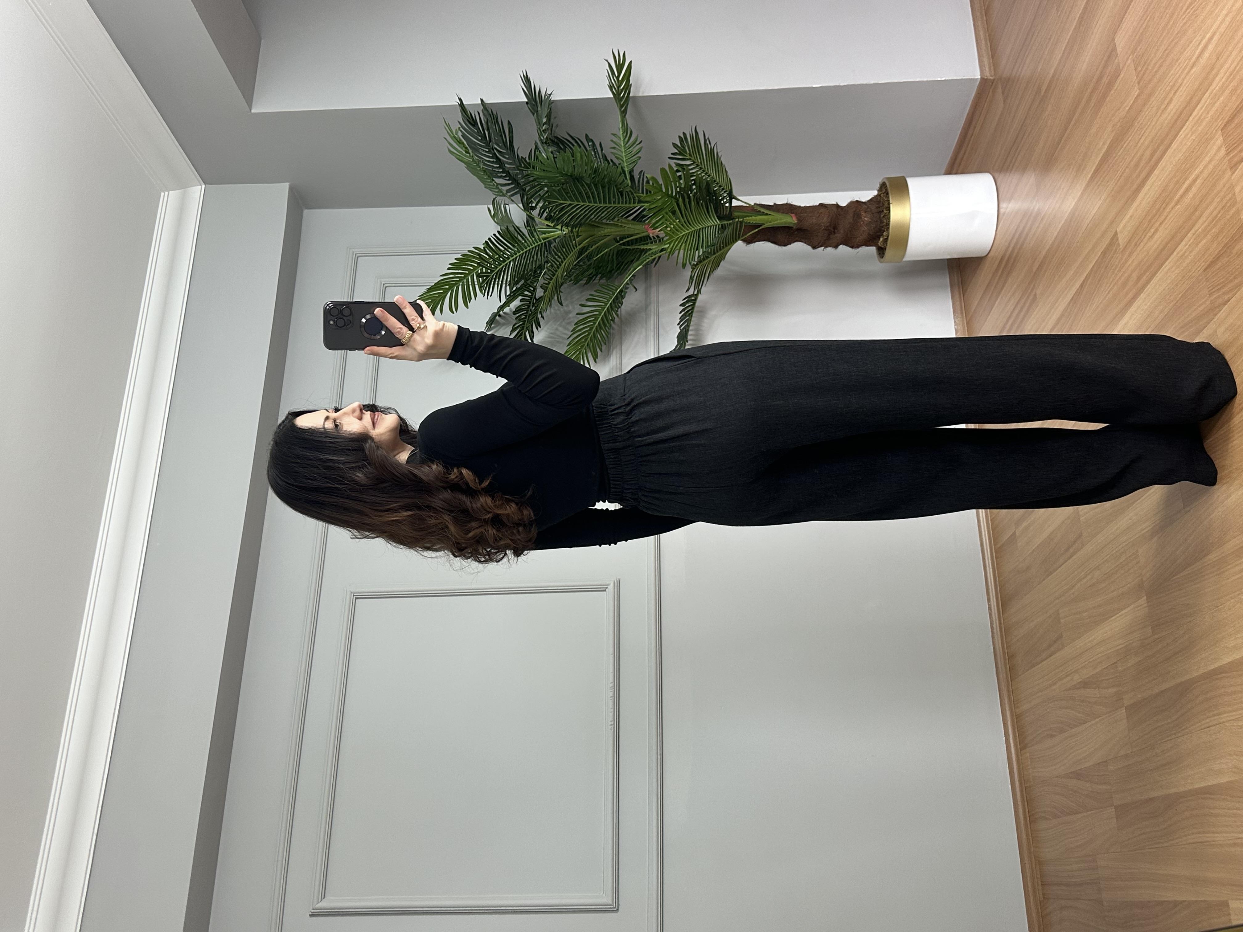 Sidya Antrasit Beli Lastikli Pamuk Keten Palazzo Pantolon