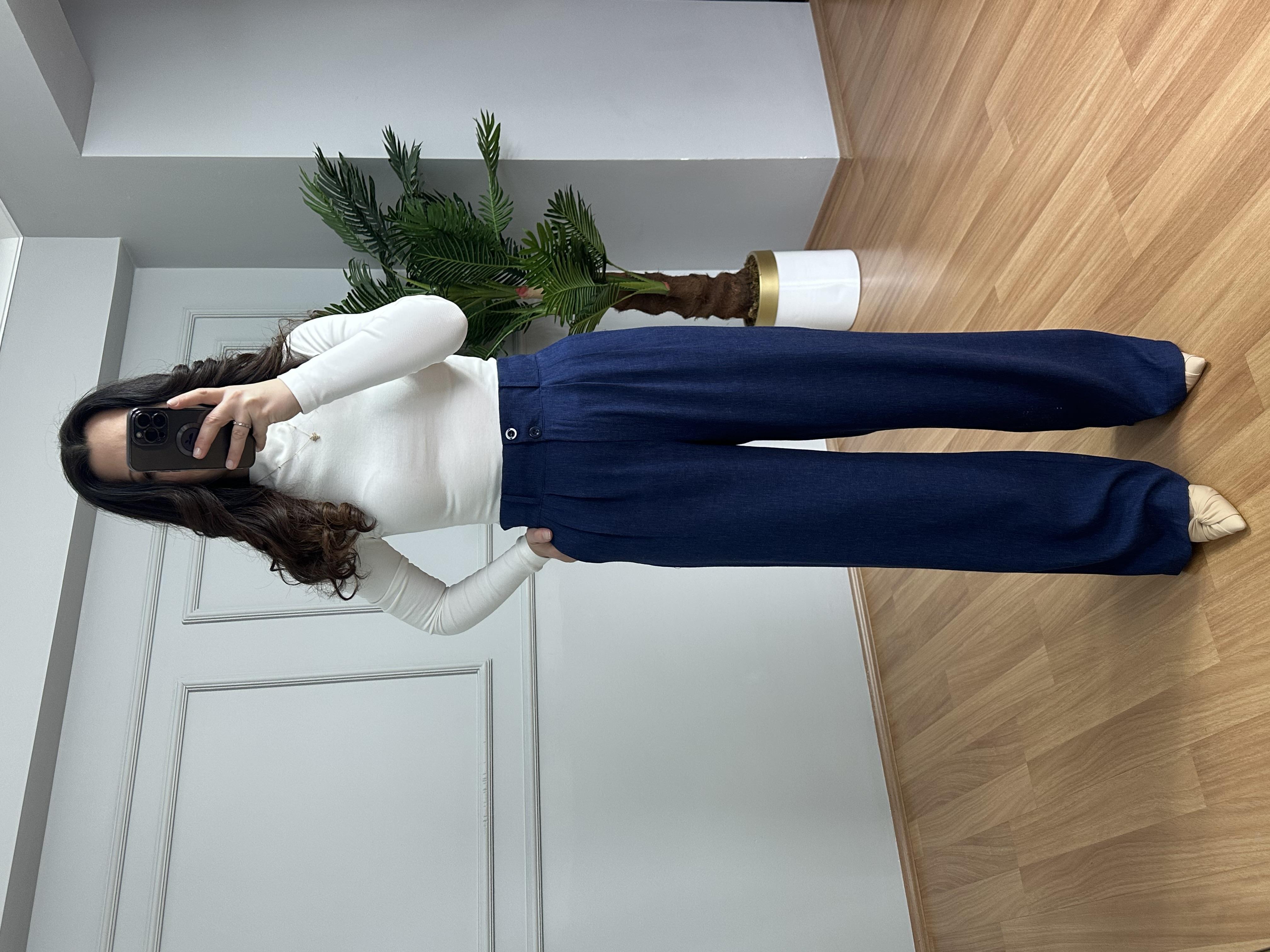 Sidya Lacivert Beli Lastikli Pamuk Keten Palazzo Pantolon