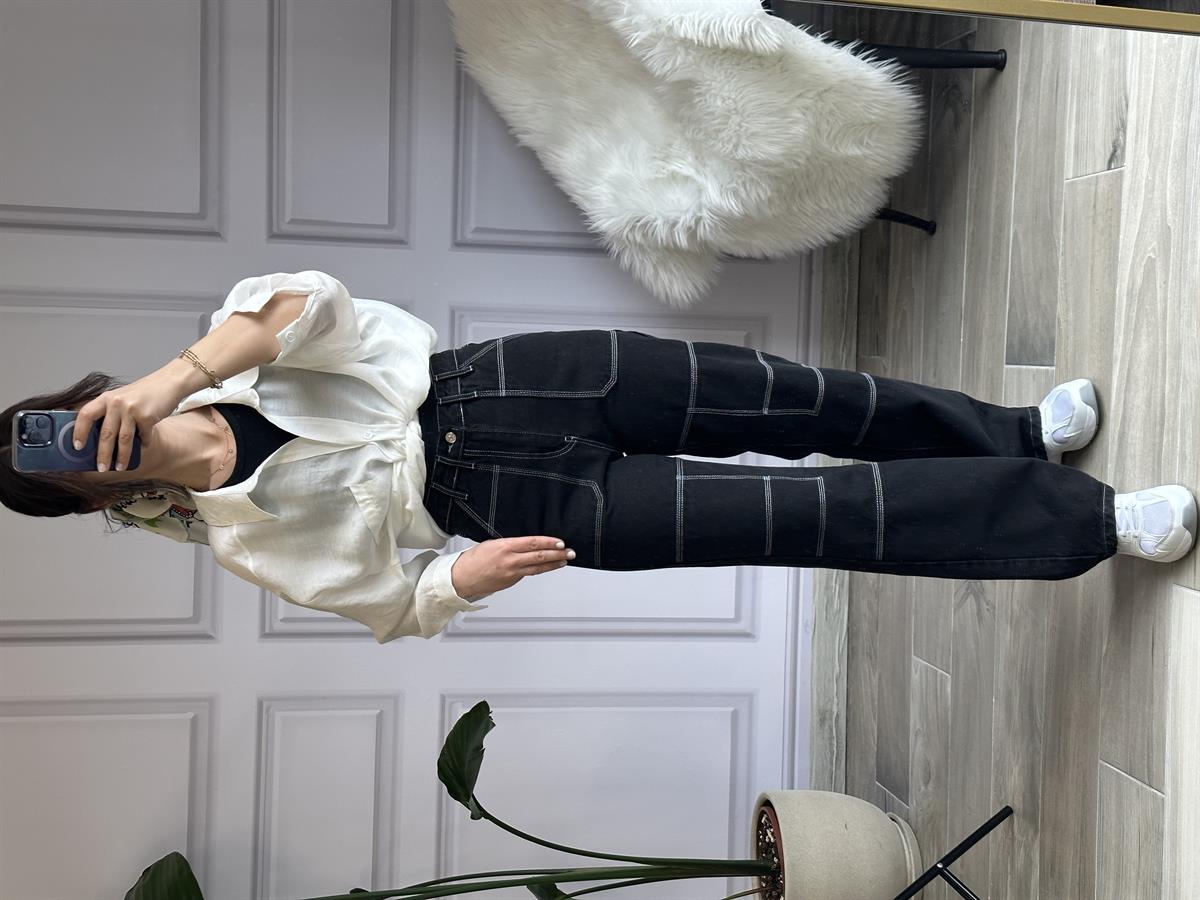 Siyah Dikiş Detaylı Kargo Kot