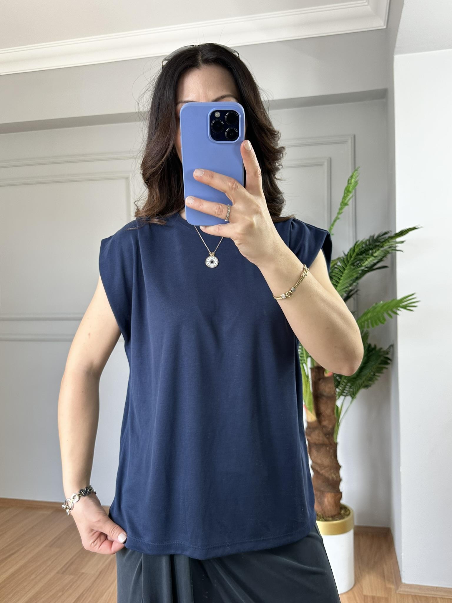 Sofya Lacivert Orj Marka Kolları Pilise Detaylı Tshirt 