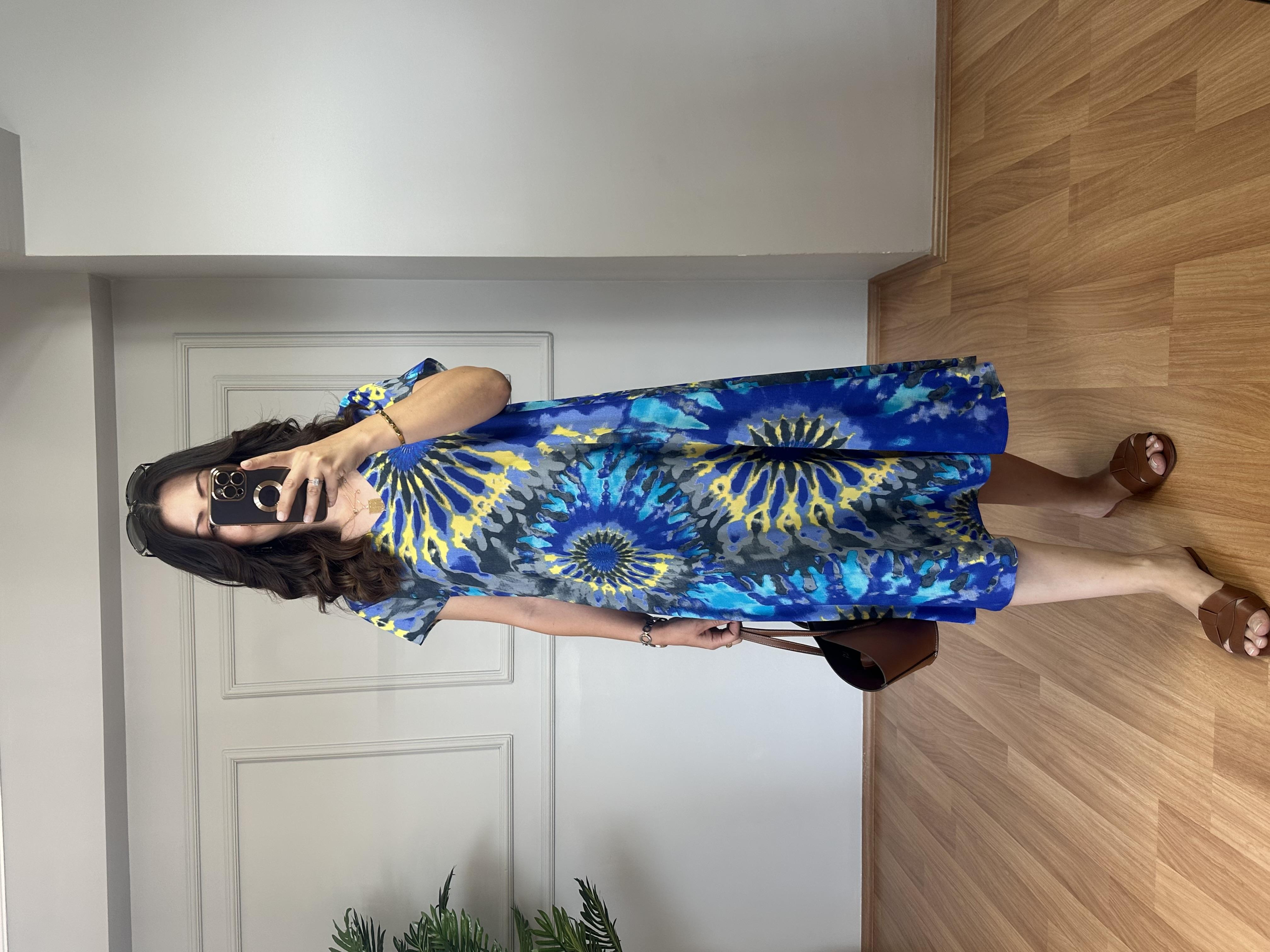 Sonya Mavi Desenli V Yaka Pamuk Viskon Elbise