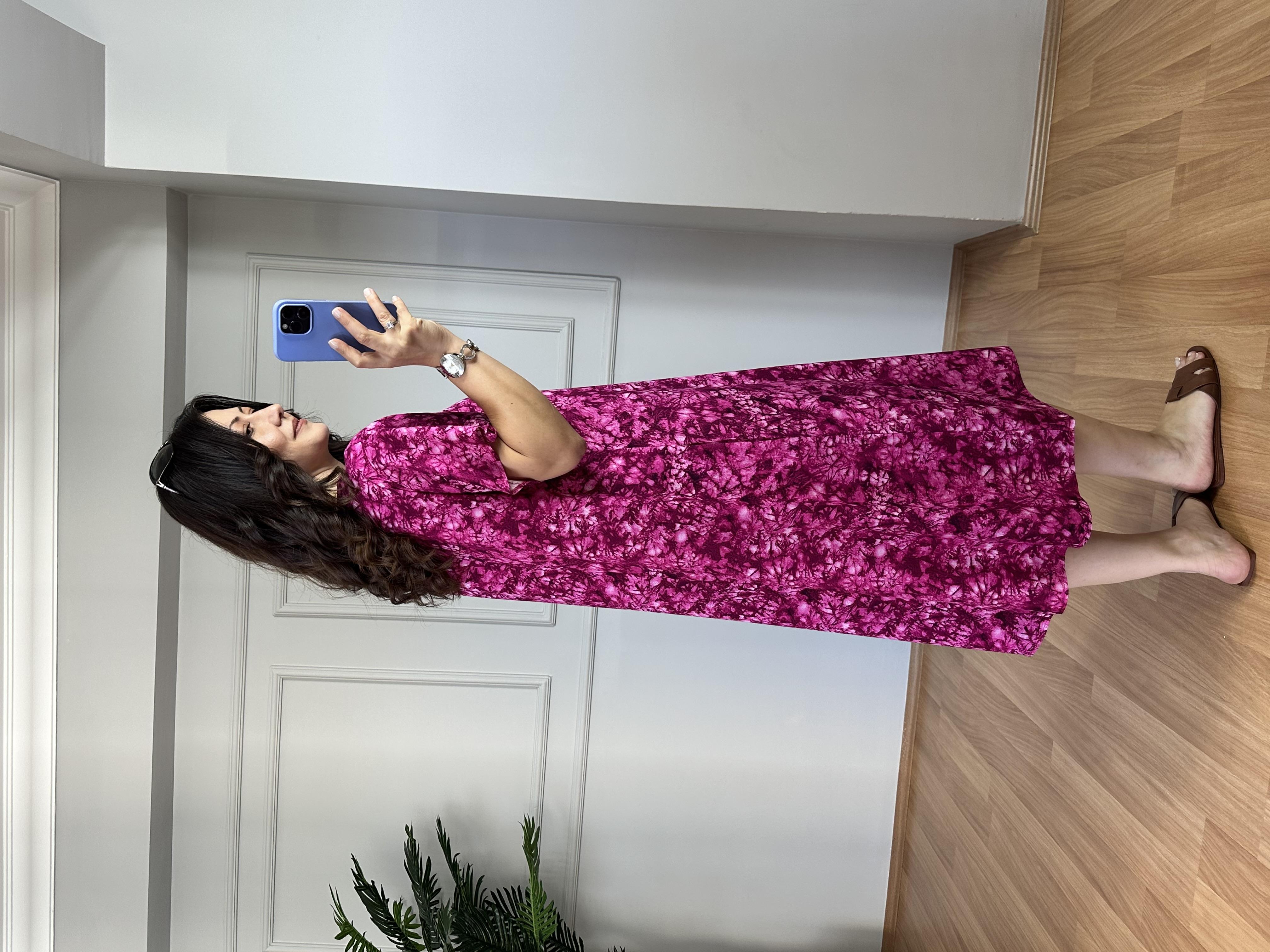 Sümbül Pembe Dik Yaka Pamuk Viskon Elbise