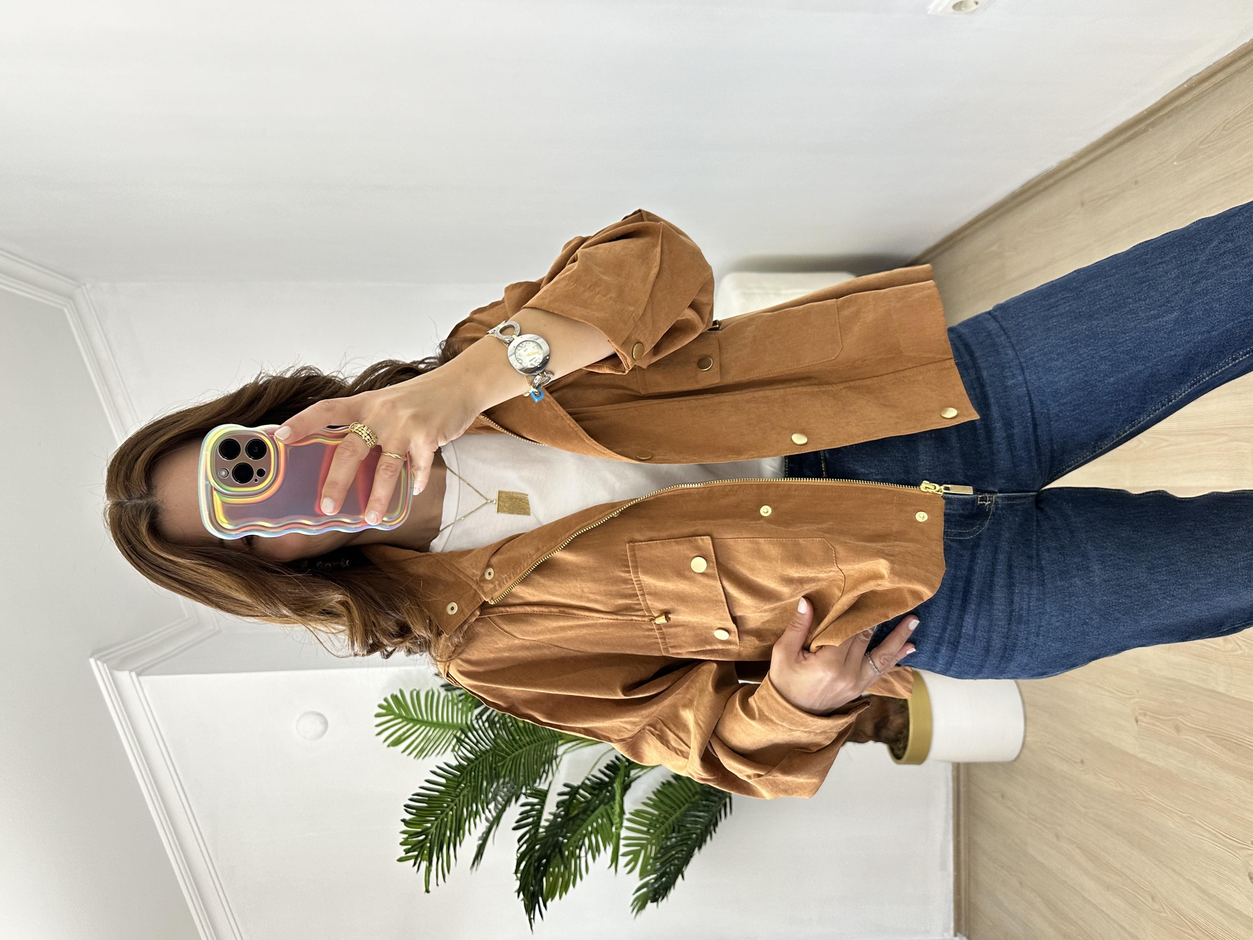 Tarçın Süet Gold Çıtçıtlı Trençkot